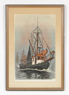 Woldemar Neufeld (Russian/American, 1909-2002): Woldemar Neufeld (Russian/American, 1909-2002) "Three Ships" woodblock print, signed and titled proof. Framed. Size: 24'' x 14.5'', 61 x 37 cm (sight); 31.5'' x 21.5'', 80 x 55 cm (frame).