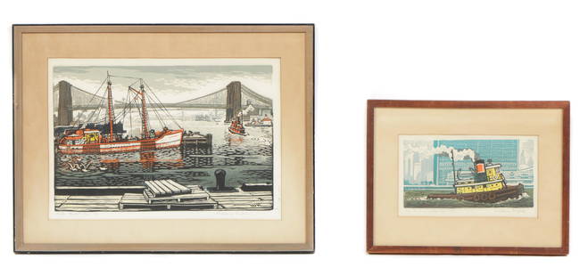 Woldemar Neufeld (Russian/American, 1909-2002): Woldemar Neufeld (Russian/American, 1909-2002) Two woodblock prints: 1) "The U.N. and Yellow Tug," signed, titled and numbered: 6/100. Framed. Size: 5.5'' x 10.5'', 14 x 27 cm (image); 12.5'' x 16.6''