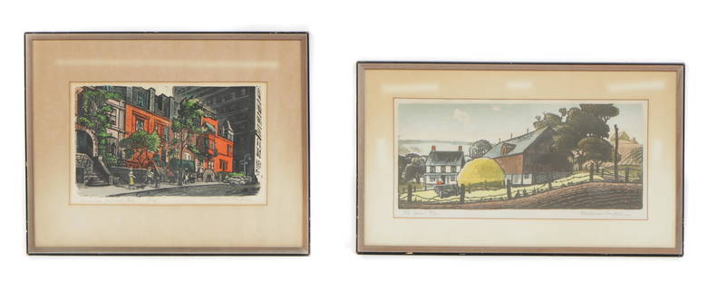 Woldemar Neufeld (Russian/American, 1909 - 2002): Woldemar Neufeld (Russian/American, 1909-2002) Two Woodblock Prints. "The Farm" woodblock print, signed, titled and numbered: 18/100. Framed. Size: 7'' x 16'', 18 x 41 cm (image); 12.5'' x 21.5'', 32