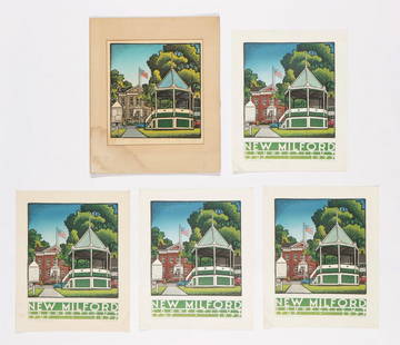 Woldemar Neufeld (Russian/American, 1909-2002): Woldemar Neufeld (Russian/American, 1909-2002) "New Milford Green" woodblock print, signed and titled . Unframed. Size: 14.5'' x 13.75'', 37 x 35 cm (sheet) Together with four (4) New Milford bicenten