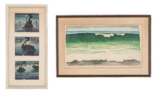 Woldemar Neufeld (Russian/American, 1909-2002): Woldemar Neufeld (Russian/American, 1909-2002) Four Woodblock Prints. 1) "The Summer Wave," woodblock print, signed, titled and numbered: 15/25. Framed. Size: 16'' x 27'', 41 x 69 cm (image); 23'' x 3