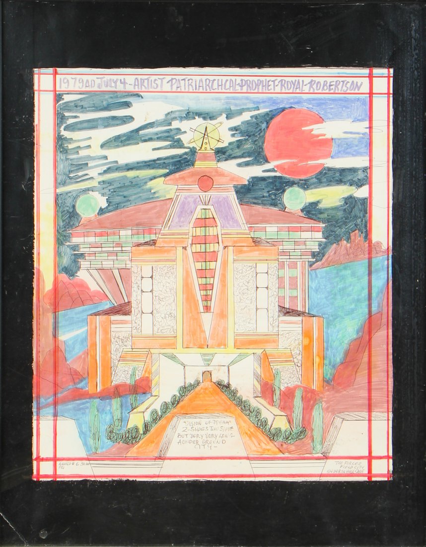 Prophet Royal Robertson (1936-1997) Double-Sided Work: Prophet Royal Robertson (American/Louisiana, 1936-1997) "Vision of Dream - July 4 1979". Double-Sided Mixed Media on paper, 1979, signed, inscribed. Framed. Size: 33'' x 27'', 84 x 69 cm (frame).