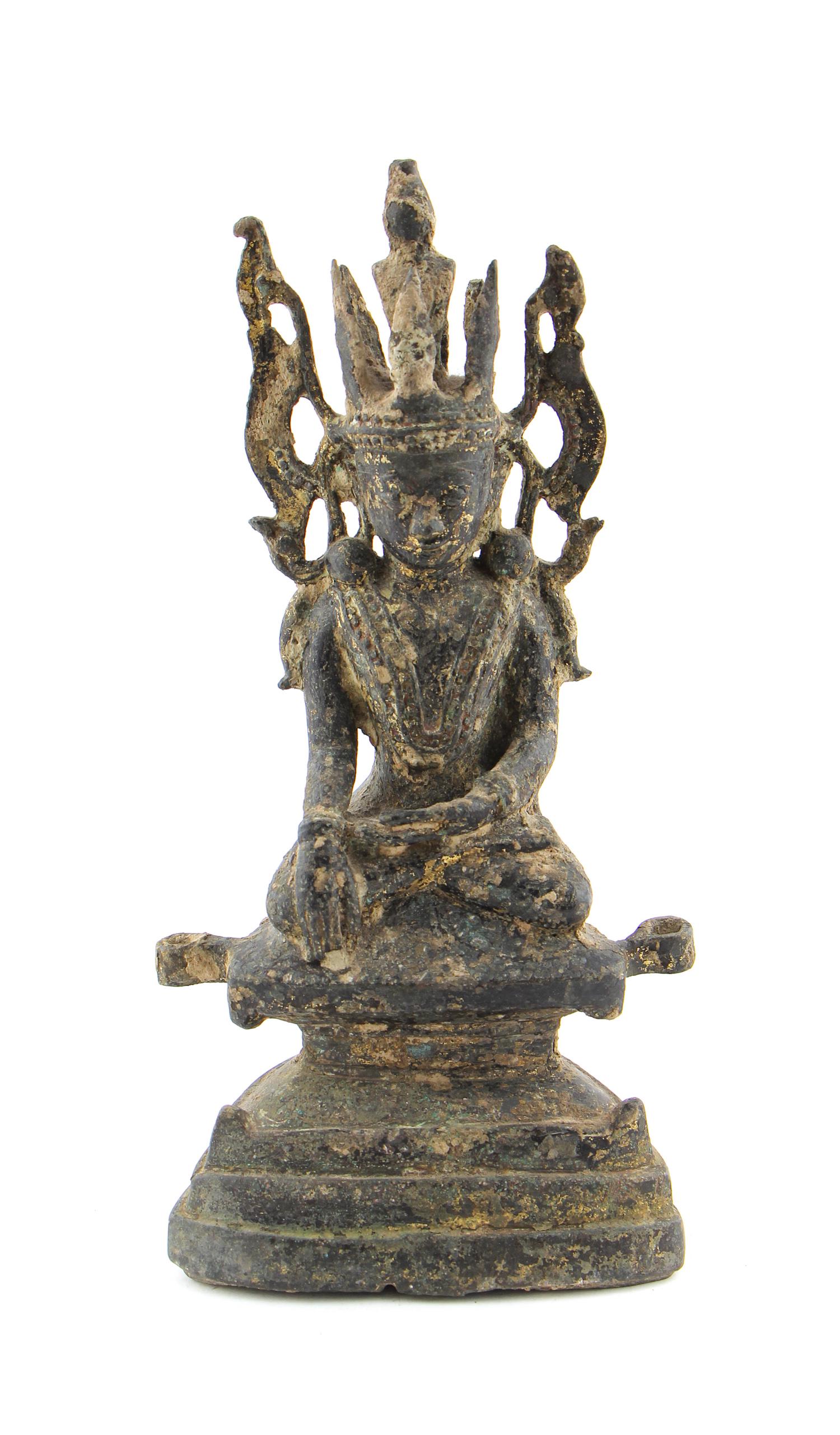 Antique Burmese Bronze Crowned Buddha on Pedestal: Bronze crowned seated Buddha on pedestal, Burma, 19th century. Size: 10'' x 3'' x 5'' (25 x 8 x 13 cm). Provenance: Lee and Vichai Chinalai collection.