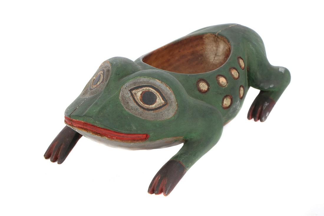 Native American Haida or Tlingit Frog-form Effigy Bowl: Native American Haida or Tlingit Frog-form Food Effigy Bowl. Bottom inscribed: "Douglas Alaska 1898." Age crack to snout. Size: 8'' x 3'' x 4.25'' (20 x 8 x 11 cm).