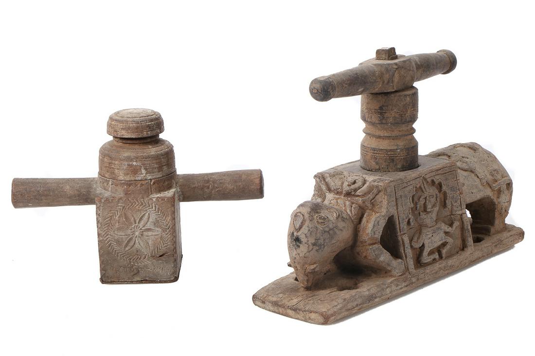 Two Indian Carved Wood Juice Presses, early 20th C. (1 of 10)
