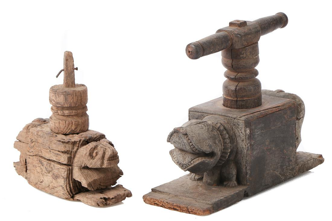 Two Antique Indian Juice Presses, early 20th century: Two Antique Indian Juice Presses, early 20th century. Size: 1) 13.75'' x 7'' x 17'' (35 x 18 x 43 cm); 2) 12'' x 4.75'' x 12.25'' (30 x 12 x 31 cm).