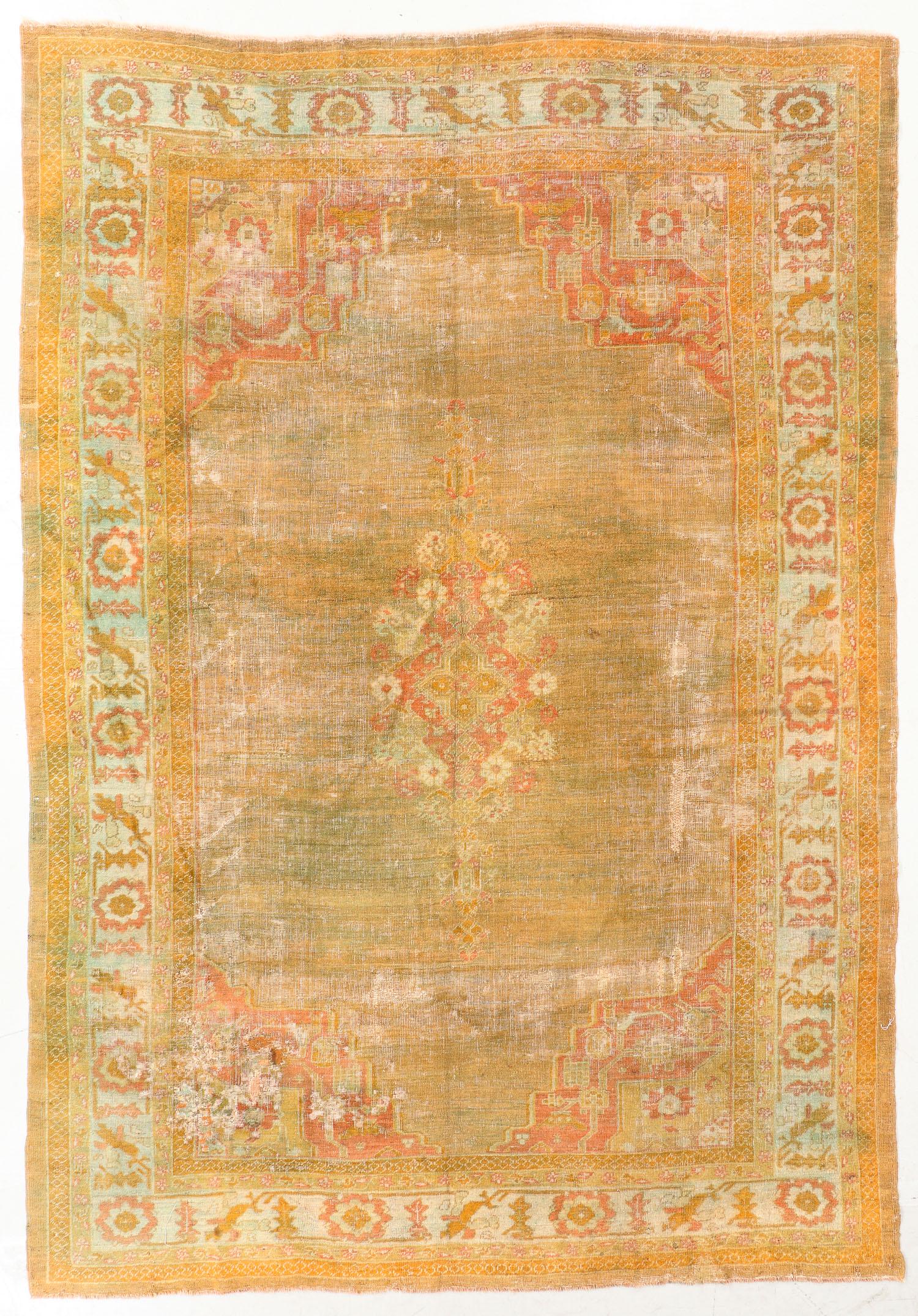 Oushak Rug, Turkey, Late 19th C., 8'10'' x 12'6'': Oushak Rug, Turkey, Late 19th C., 8'10'' x 12'6'' (269 x 381 cm). Weight: 42 lbs. Material: wool pile, wool warp, wool weft. Please let us know if you would like to receive a condition report or have 