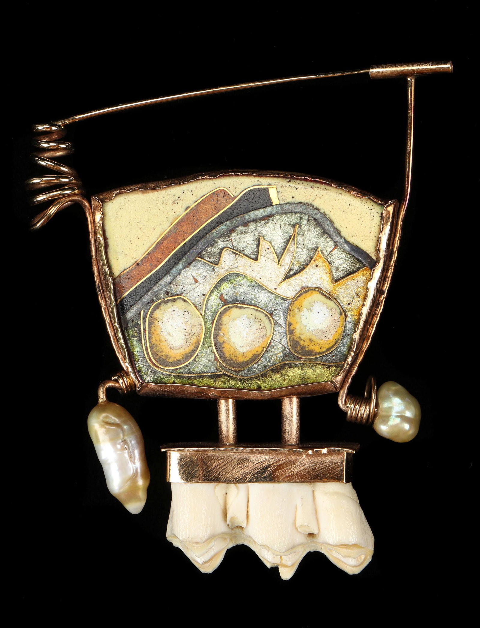 William Harper "White Holes II" Brooch: William Harper (American b. 1944) Brooch, "White Holes II", gold, silver, enamel, freshwater cultured pearls and animal teeth. Etched signature, date and title to verso "William Harper 1981" "White Ho