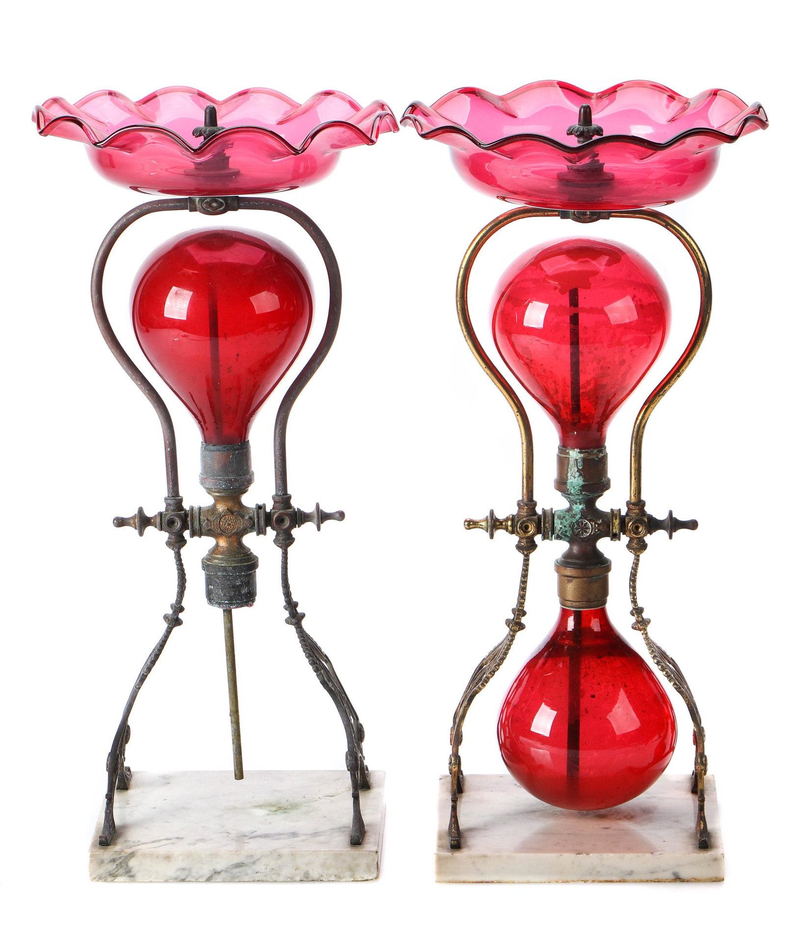 Two Tufts Cranberry Glass Perfume Fountains,: Two Tufts Cranberry Glass Perfume Fountains, c.1872-1885. One lacking bottom reservoir. Size: 21'' x 10'' x 10'' (53 x 25 x 25 cm). Private Collection, New York.