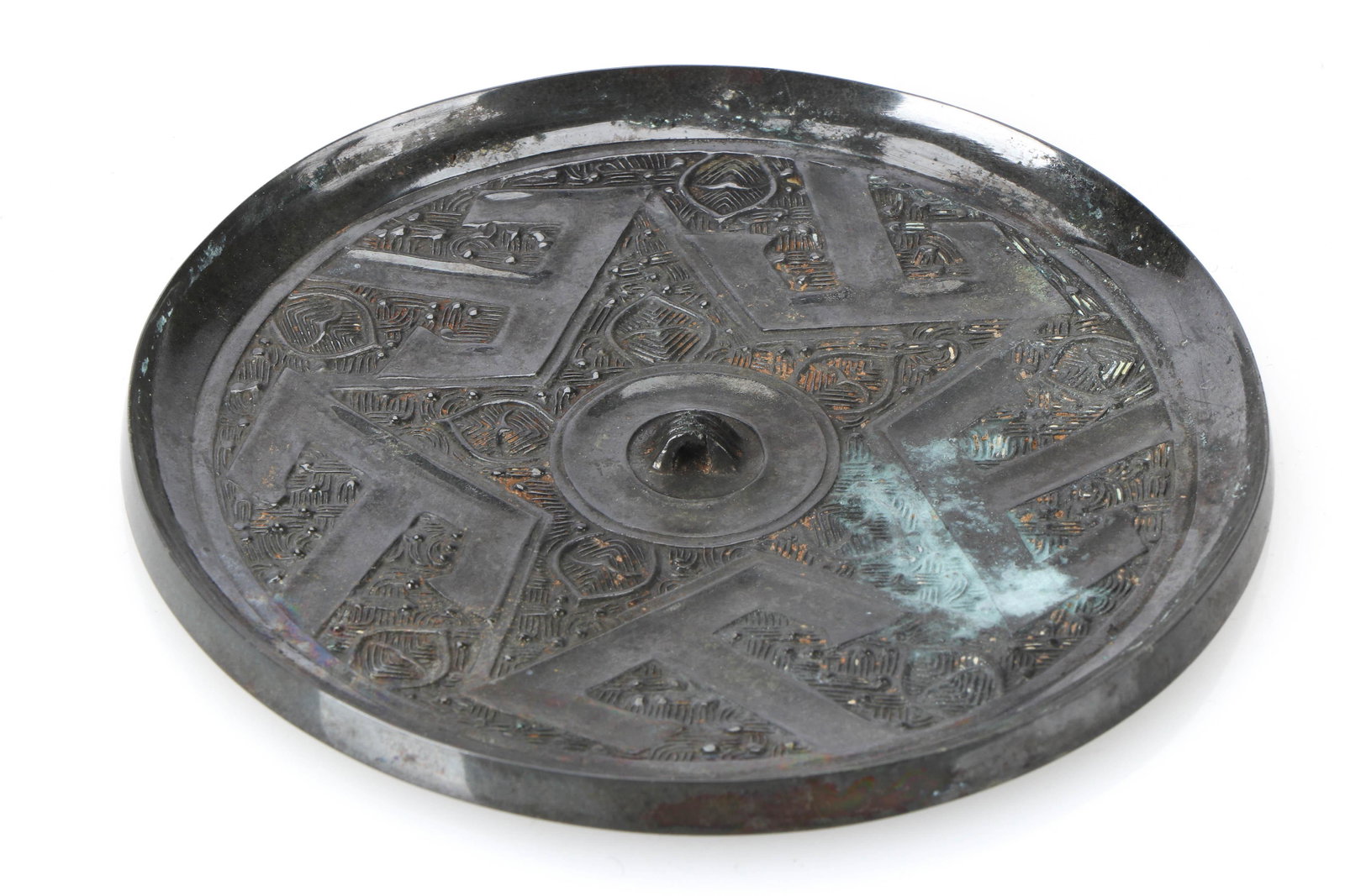 Chinese Bronze Mirror: Chinese Bronze Mirror with Relief Decoration and Chinese Characters. Size: .25'' x 5'' x 5'' (1 x 13 x 13 cm).
