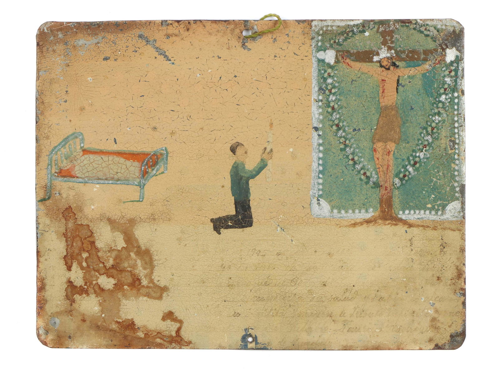 Antique Mexican Retablo: Antique Mexican Retablo, oil painting on tin. Size: 7'' x 9'', 18 x 23 cm (sheet).