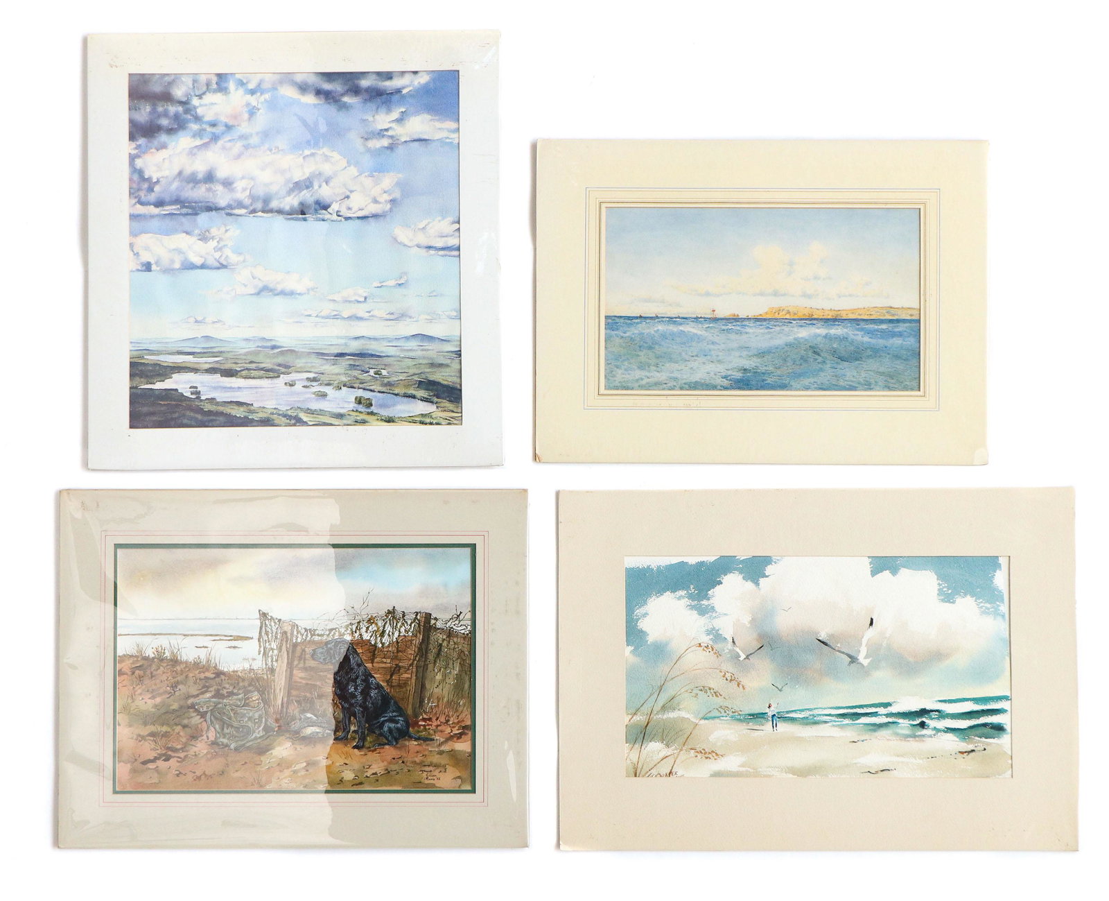 Group of Four (4) Watercolors: Group of Four (4) Watercolors. Including: (1) Lillian Harris (20th century) "Black Lab by the Shore," 1982, signed and dated. Unfamed. (2) J. Everett Draper (20th century), "Solitude," signed. Unframe
