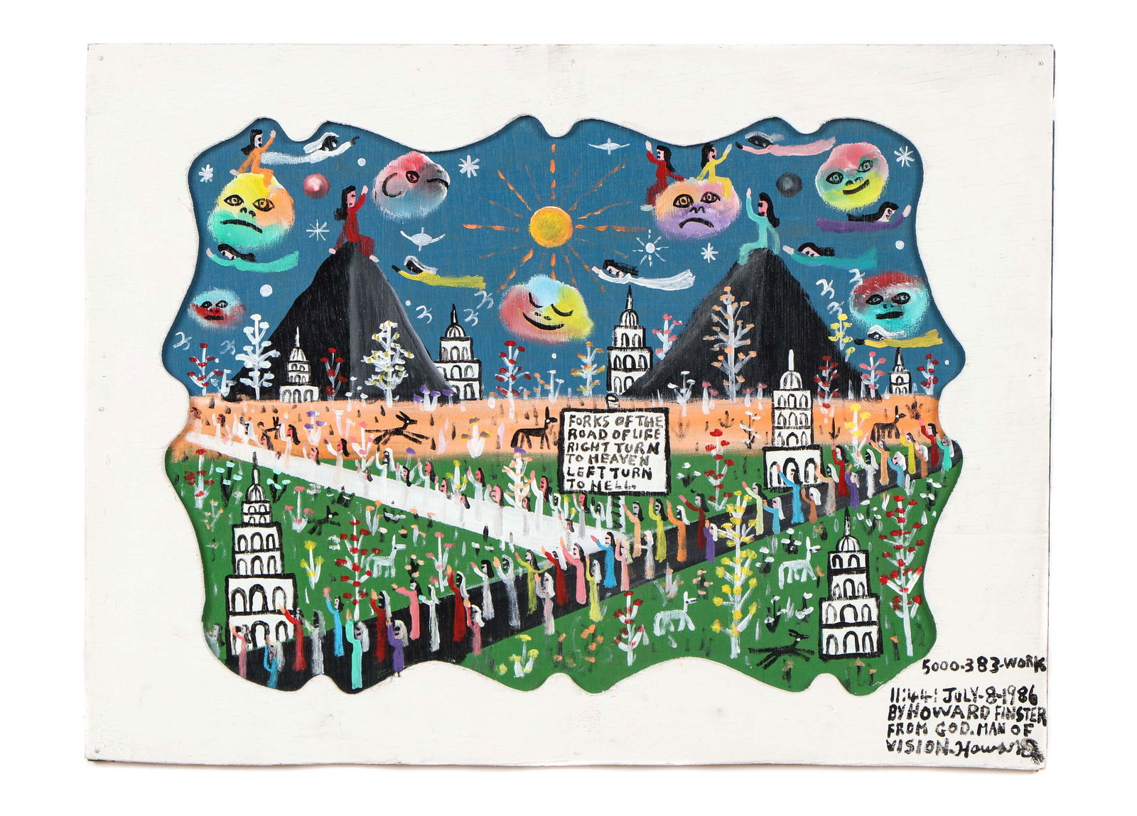 Howard Finster (American , 1916-2001): Howard Finster (American , 1916-2001) "Fork of the Road of Life..." 1986, oil on board, signed, dated and numbered: 5000-383. Verso inscribed by artist. In shaped wooden frame. Size: 13'' x 18'', 33 x