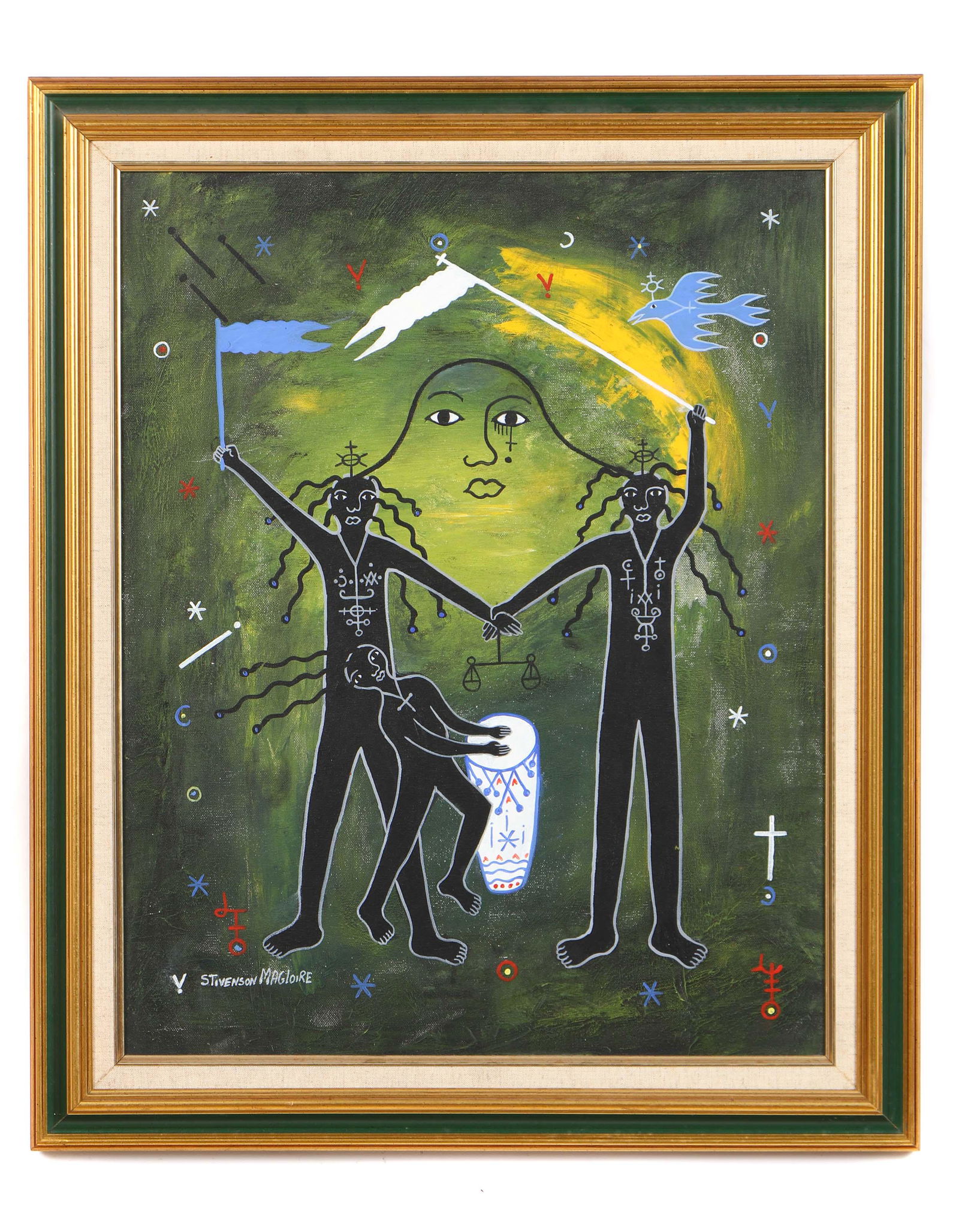 Stevenson Magloire (Haitian/Petionville, 1963-1994): Stevenson Magloire (Haitian/Petionville, 1963-1994) "The Twins/Drum," oil on canvas, signed. Framed. Size: 23.5'' x 18.5'', 60 x 47 cm (sight); 28.75'' x 24'', 73 x 61 cm (frame).