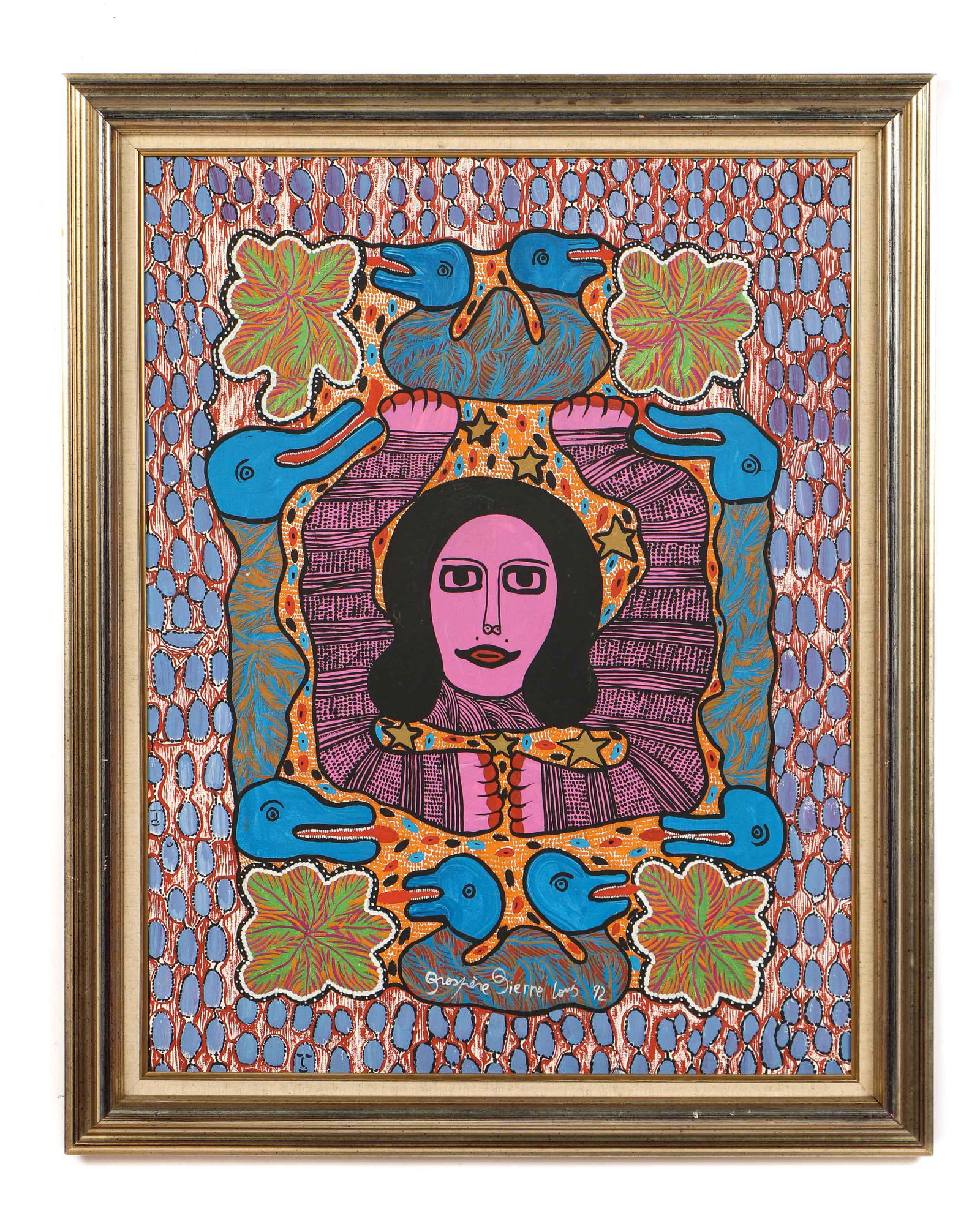 Prosper Pierre-Louis (Haitian, 1947-1997): Prosper Pierre-Louis (Haitian, 1947-1997) "The Lady," 1992, oil on canvas, signed. Framed. Size: 31'' x 23.5'', 79 x 60 cm (sight); 36'' x 29'', 91 x 74 cm (frame).