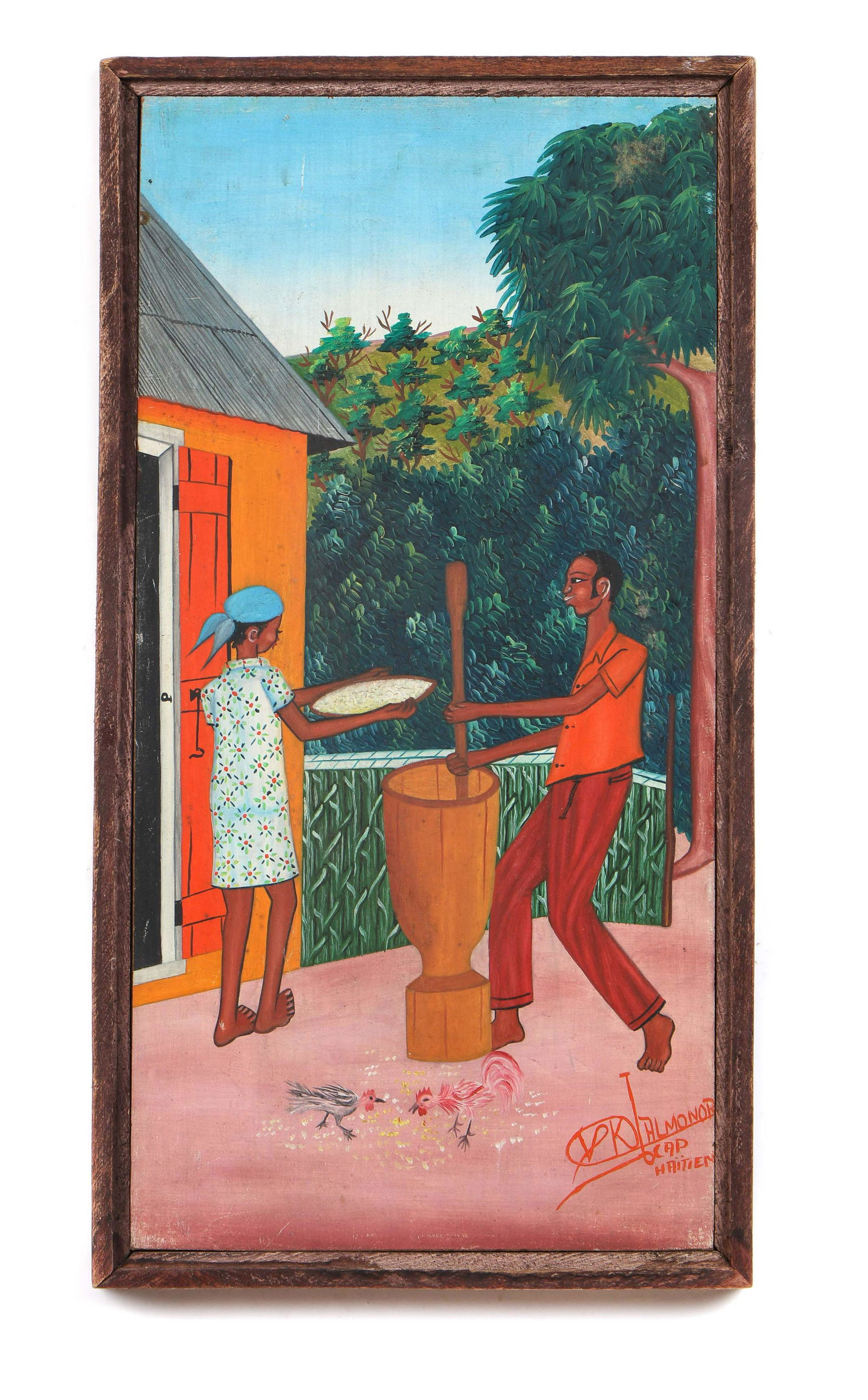 V. Almodor (Haitian, 20th.) "Grinding Grain": V. Almodor (Haitian, 20th.) "Grinding Grain", oil painting on masonite, signed. Framed. Size: 16'' x 8'', 41 x 20 cm (board); 17'' x 9'', 43 x 23 cm (frame).