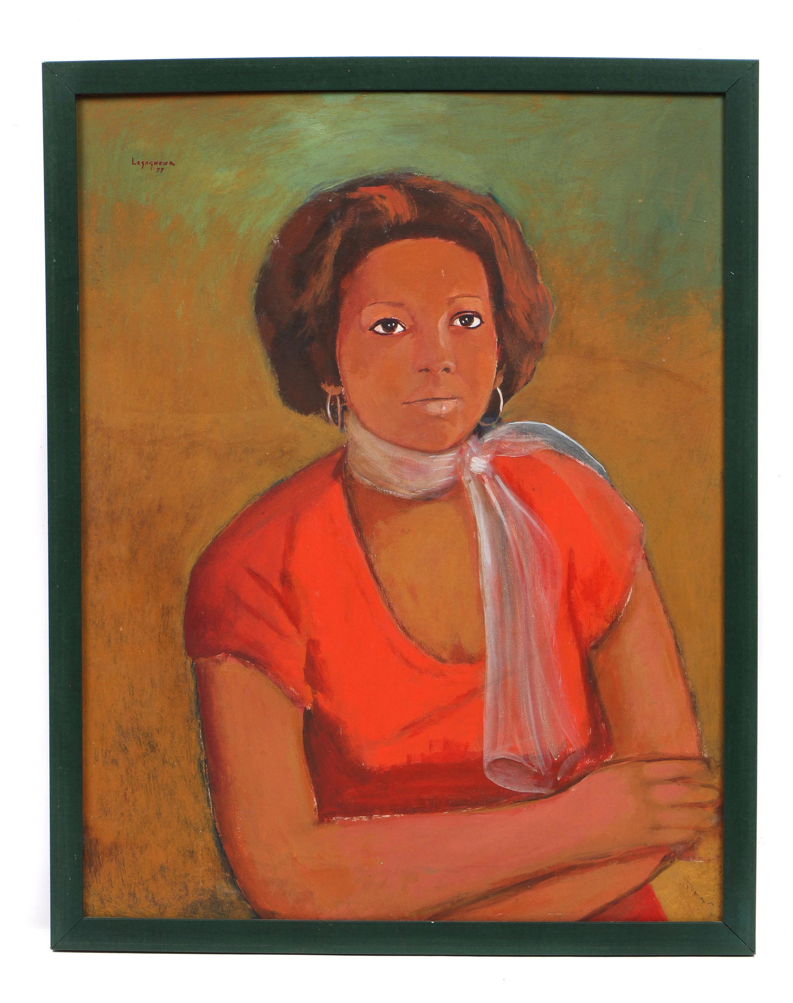 Jn-Claude Legagneur (Haitian) Portrait of a Lady: Jn-Claude Legagneur (Haitian/Port-au-Prince, b. 1947) Portrait of a Lady, 1977, painting on board, signed. Framed. Size: 32'' x 25'', 81 x 64 cm (board); 34.5'' x 27'', 88 x 69 cm (frame).