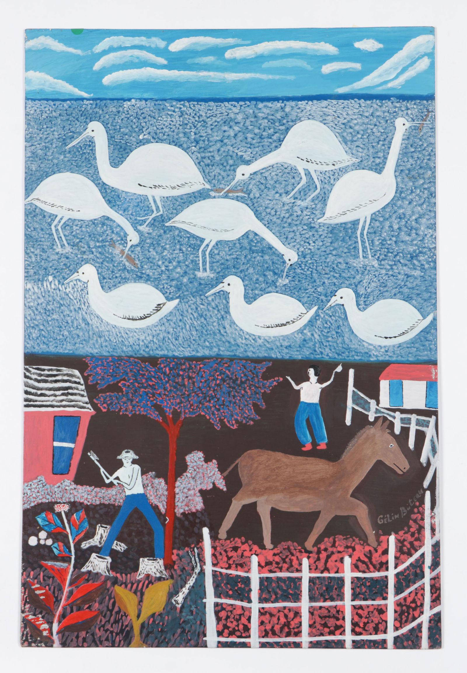 Gelin Buteau (Haitian, 1954-2000) "A la Campagne": Gelin Buteau (Haitian, 1954-2000) "A la Campagne", painting on masonite, signed. Unframed. Size: 36'' x 24'', 91 x 61 cm (board).
