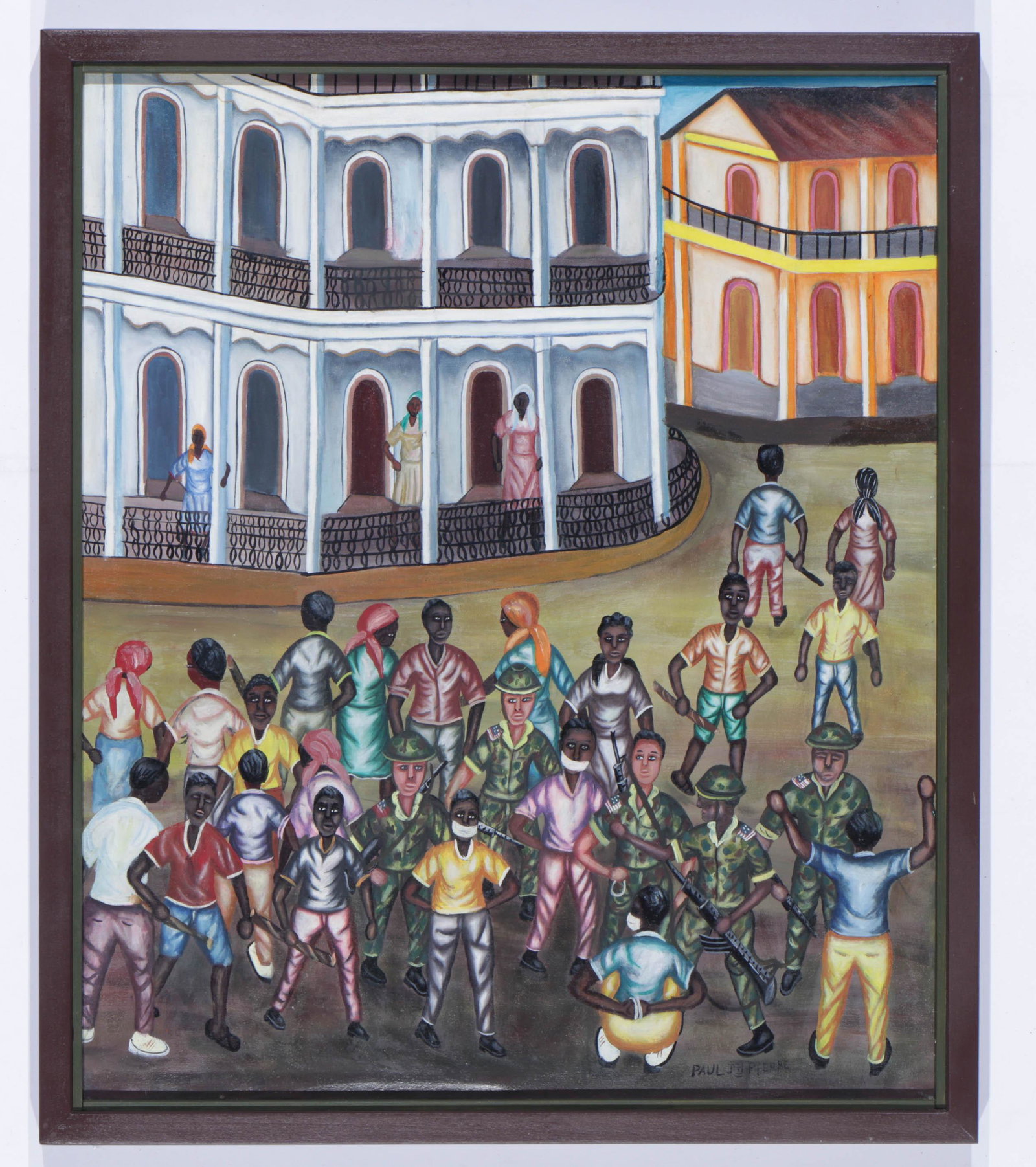 Paul Jean-Pierre (Haitian, b. 1946) "Police: Paul Jean-Pierre (Haitian/Jacmel, b. 1946) "Police Interrogation", circa 1995, oil painting on canvas, signed. Framed. Size: 24'' x 20'', 61 x 51 cm (stretcher); 25.75'' x 21.75'', 65 x 55 cm (frame).