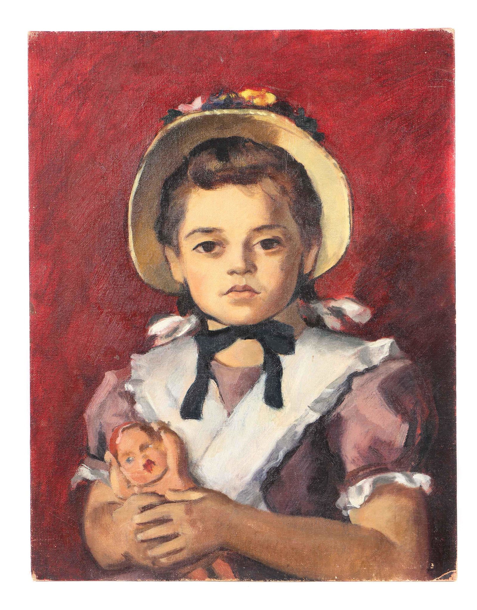 Giovanni Martino (American, 1908-1997): Giovanni Martino (American, 1908-1997) "Babette with Kewpie Doll," oil painting on board. Unframed. Size: 18'' x 14'', 46 x 36 cm (board). Net Proceeds from the sale of this lot will be donated to the