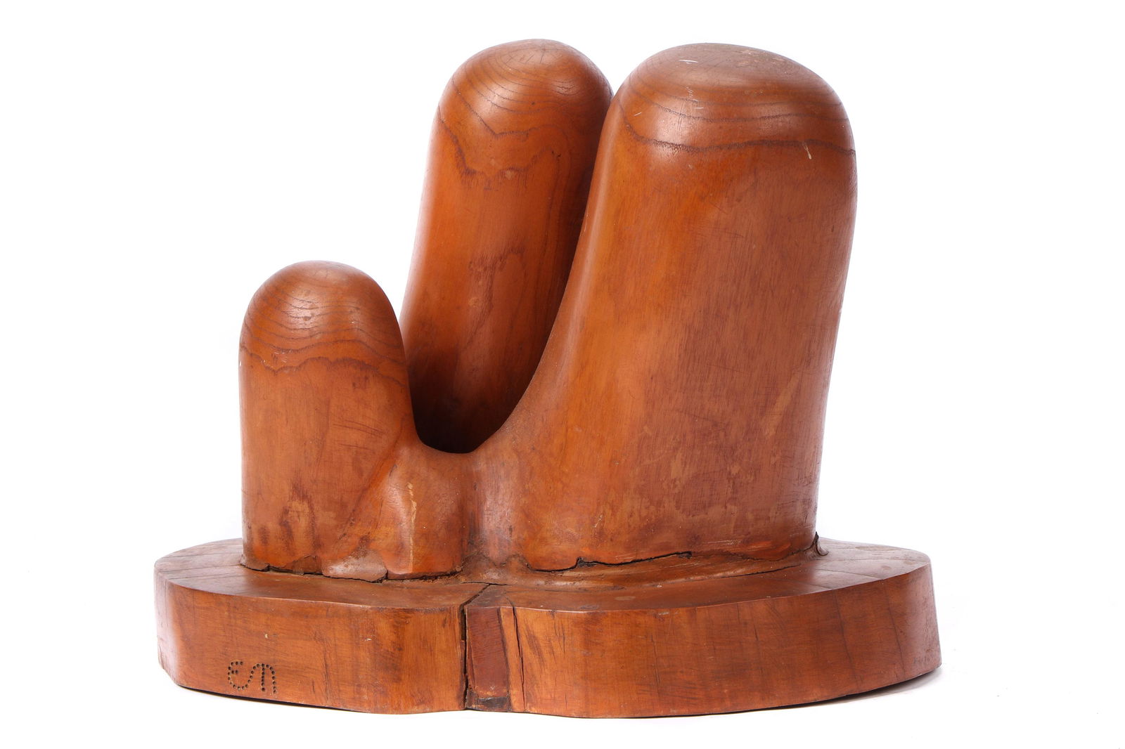 Eva Martino (American, b. 1929) Wood Sculpture: Eva Martino (American, b. 1929) "Idol" Abstract Wood Sculpture. Stipple engraved initials on side of base. Size: 12'' x 13'' x 12'' (30 x 33 x 30 cm). Net Proceeds from the sale of this lot will be do