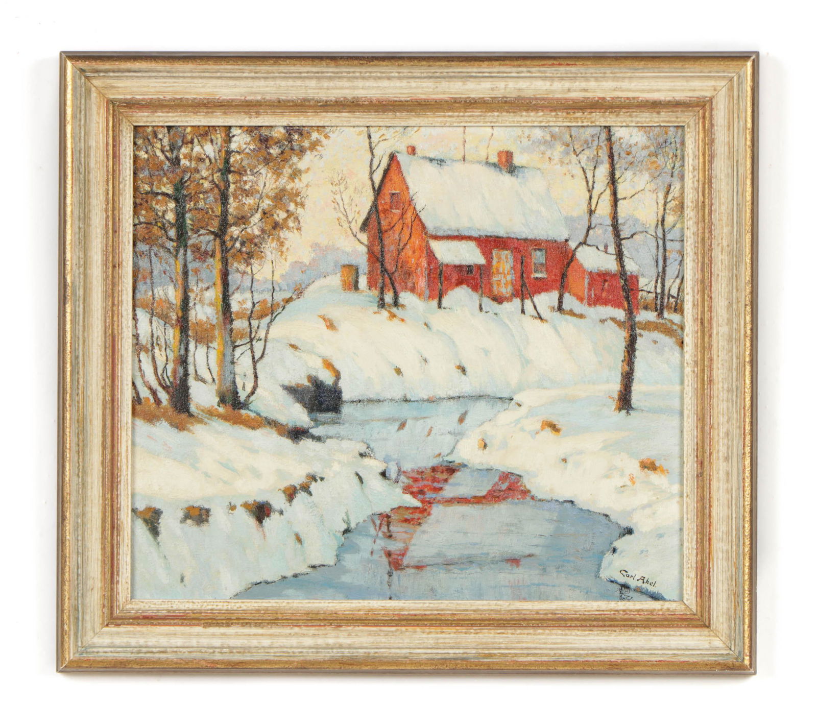 Carl Abel (American, 1875-1959) Oil Painting: Carl Abel (American, 1875-1959) Untitled (Red House in Snow), Oil painting on canvas, signed. Framed. Size: 13.5'' x 15.5'', 34 x 39 cm (sight); 17.5'' x 19.5'', 44 x 50 cm (frame). Note: Artist Carl