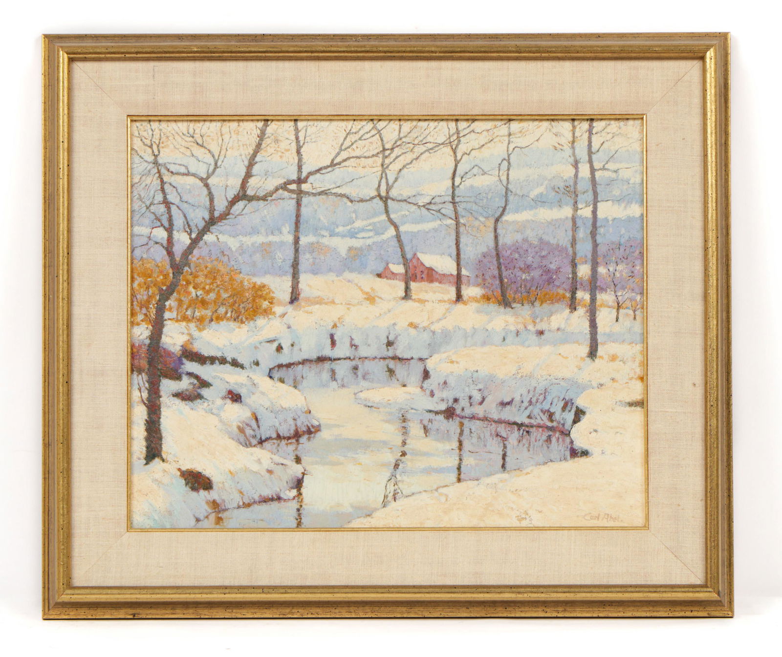 Carl Abel (American, 1875-1959) Oil Painting: Carl Abel (American, 1875-1959) Untitled (Snowy Landscape) oil on board, signed. Framed. Size: 13.5'' x 17'', 34 x 43 cm (sight); 19.5'' x 23'', 50 x 58 cm (frame). Note: Artist Carl Abel (1875-1959)