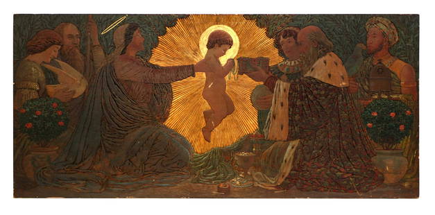 James William Fosdick (American, 1858-1937): James William Fosdick (American, 1858-1937) "Adoration of the Magi," pyrography mural, fire etching and pigment on wood, signed. Unframed,American artist and writer J. William Fosdick born 1858 in Cha