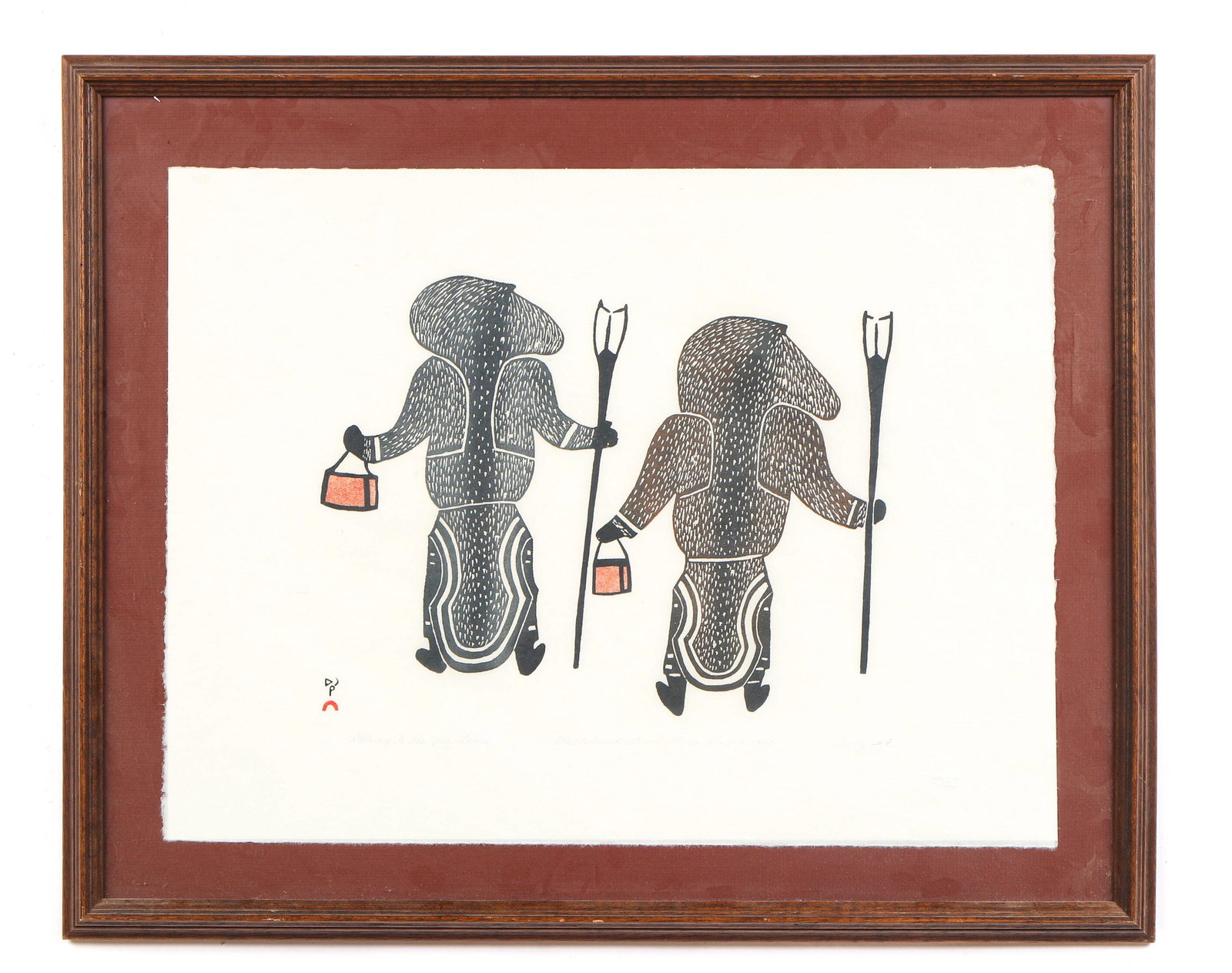 Lucy Qinnuayuak (1915-1982) "Walking to the Fish: Lucy Qinnuayuak (Inuit/Canada, 1915-1982) "Walking to the Fish Lakes", stonecut and stencil, from an edition of 50. Framed. Size: 24'' x 29'', 61 x 74 cm (frame); 18'' x 24'', 46 x 61 cm (sheet).