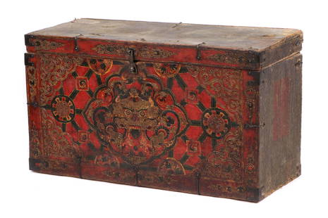 Fine Tibetan Painted Chest, 18th/19th Century: Tibetan Painted Box/Chest, 18th/19th Century, wood, paint, hardware. Size: 17'' x 30.25'' x 12.25'' (43 x 77 x 31 cm). Note: There Are No Hidden or Confidential Reserves in this Auction; All Acceptabl