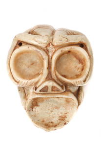 Taino Figural Cohaba Inhaler (1000-1500 CE): Taino. Fascinating Full figure drug receptacle shaped like a head with residual arms and legs. The hollow eyes and mouth were probably used for retaining and mixing drugs. The mouth for cohoba and