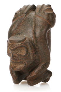 Taino Anthropic Cemi (1000-1500 CE): Taino Anthropic Cemi with a pair of heads as shoulders. Quite unusual. The head of the primary figure is flattened like a cohoba receptacle. It is free standing. Typical figure with figure eight eye s