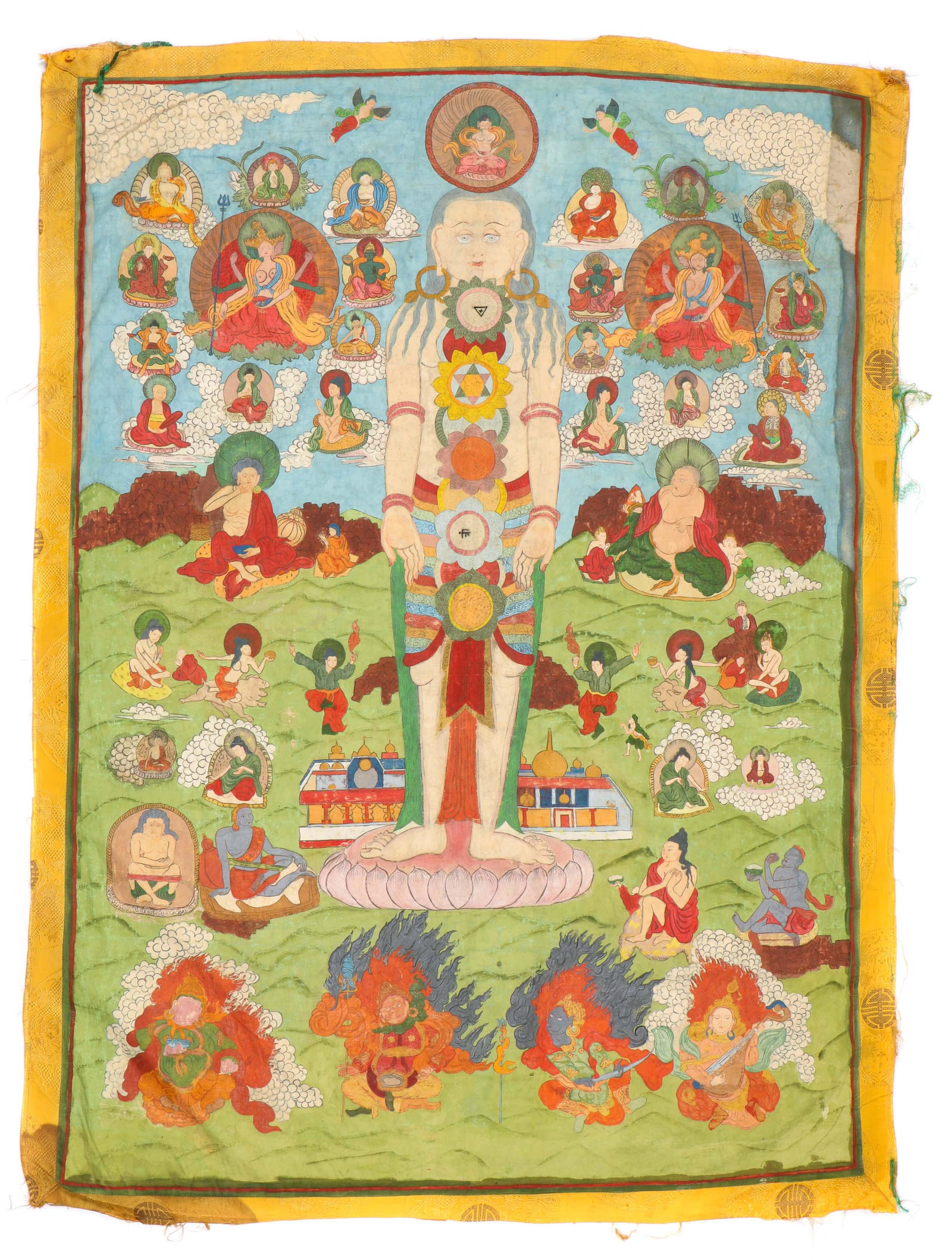 Antique Thangka, Nepal: Antique Thangka, Nepal, paint on canvas. Unusual depiction of Standing Buddha with Chakras, mixing Hindu and Buddhist symbolism. Size: 54'' x 40'' (137 x 102 cm). Note: There Are No Hidden or Confiden
