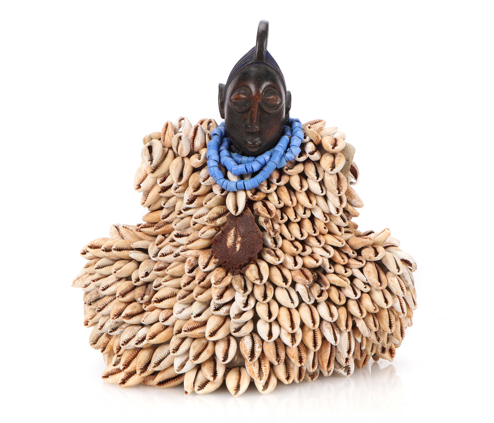 African Yoruba Ibeji Figure: African Yoruba Ibeji Figure. In cowrey shell mantle. Size: 10.5'' x 10.25'' x 7.5'' (27 x 26 x 19 cm). Note: There Are No Hidden or Confidential Reserves in this Auction; All Acceptable Bidding Commen