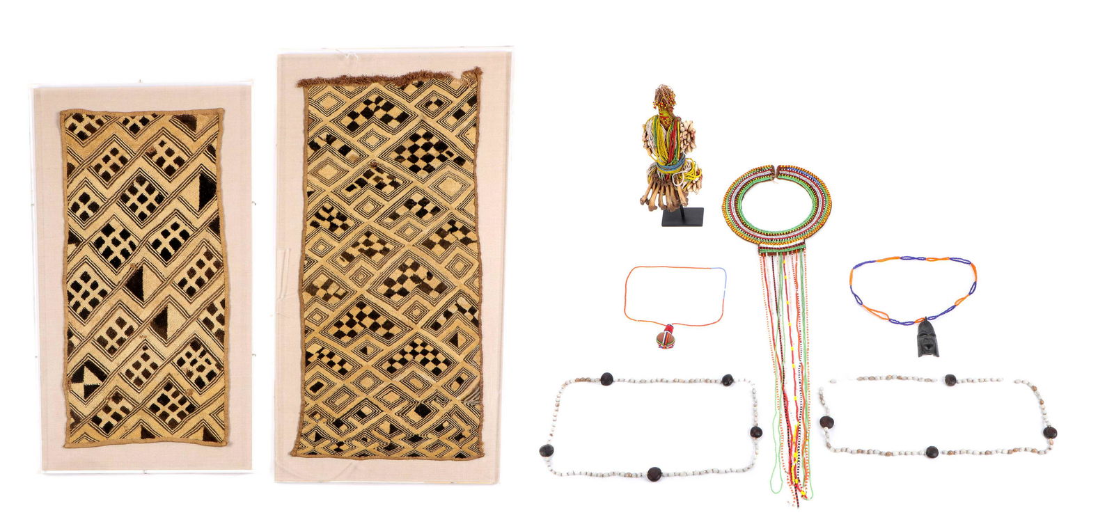 African Fali Doll, Necklaces and 2 Framed Kuba Cloths (1 of 8)