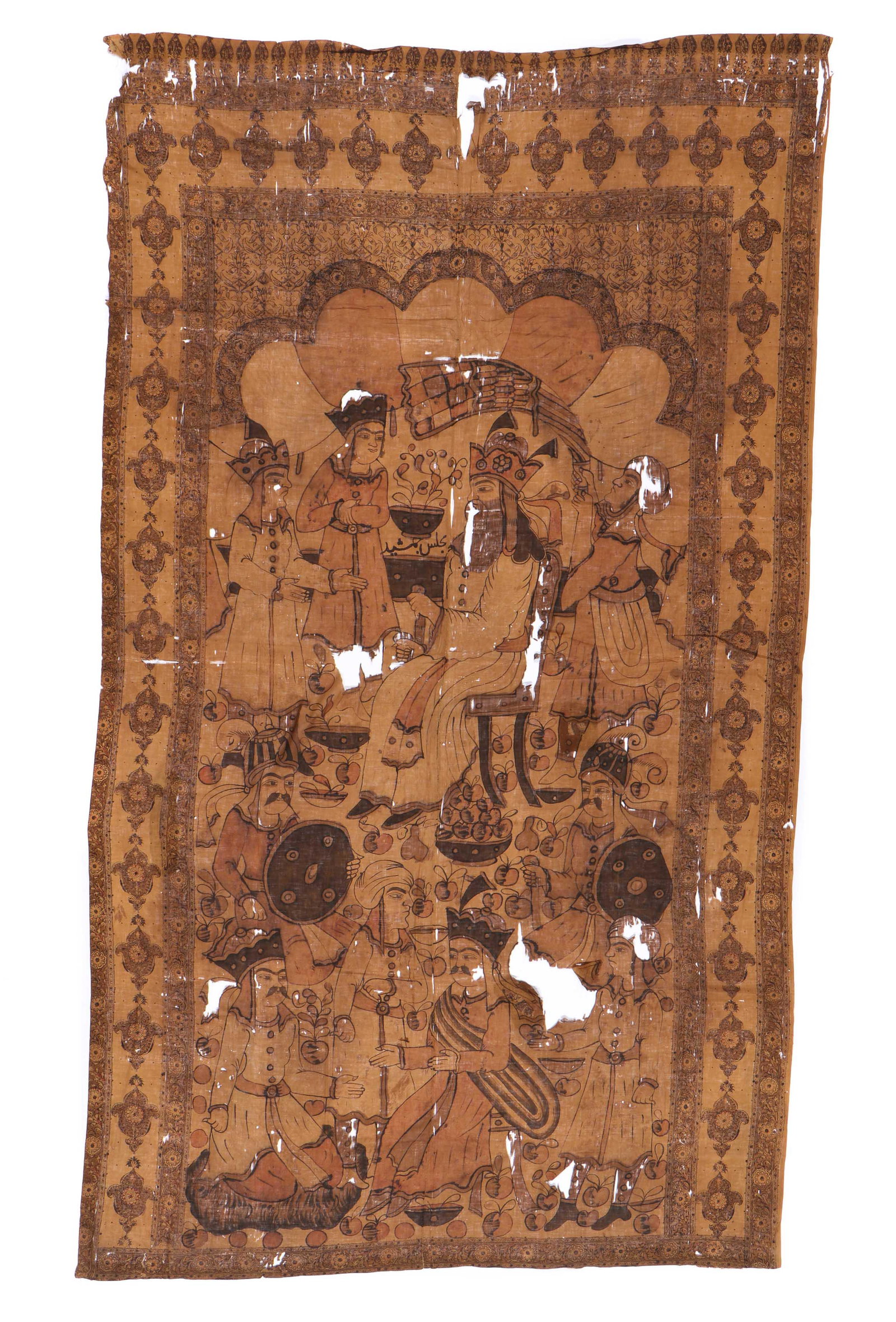 Antique Persian Painted Pictorial Cloth: Antique Persian Painted Pictorial Cloth, 19th C. or earlier, distressed condition. Depiction of the royal court, with Shah, attendants, soldiers. Size: 95'' x 55'' (241 x 140 cm). Note: There Are No H