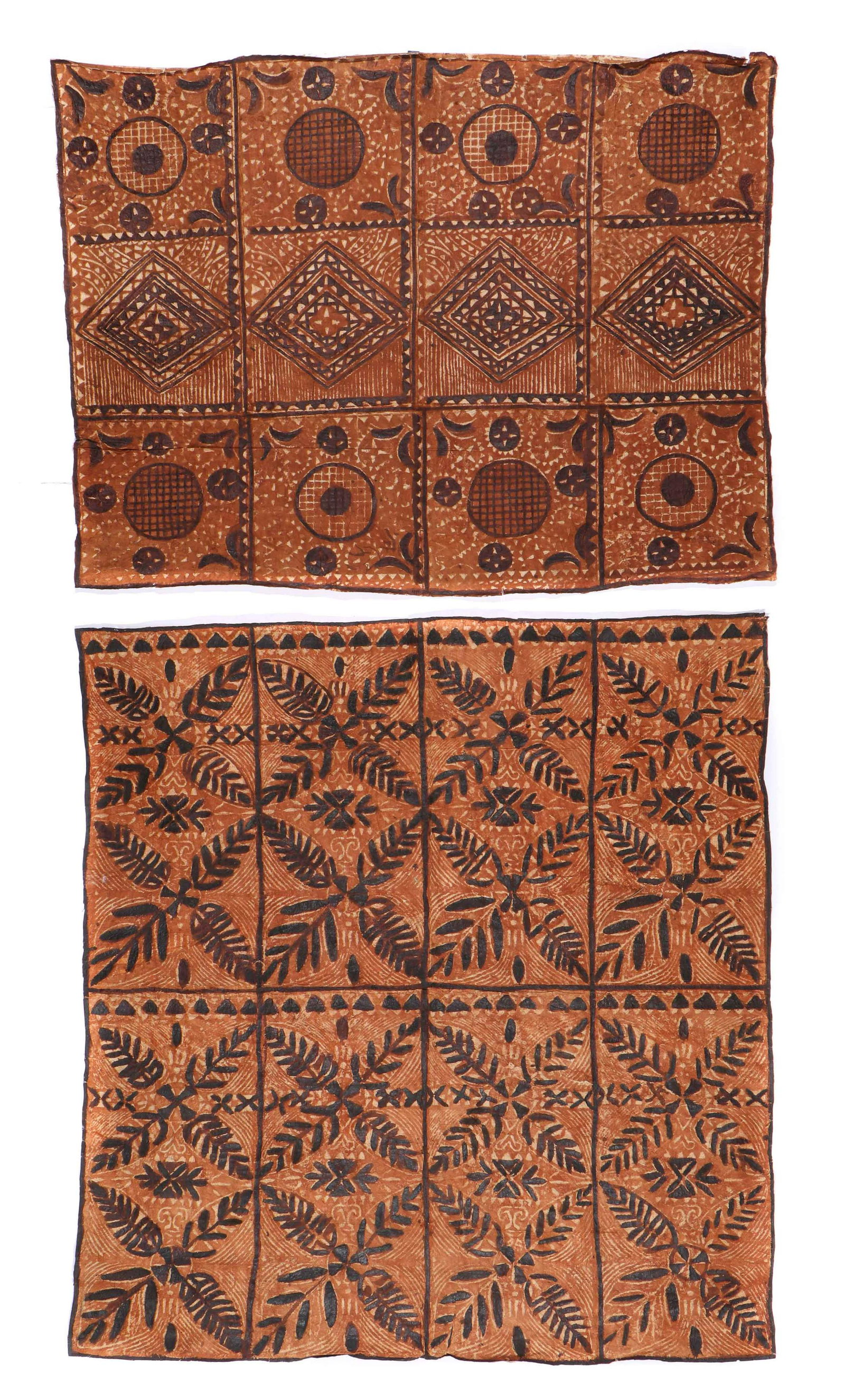 2 Old/Antique Bark/Tapa Cloths: 2 Old/Antique Bark/Tapa Cloths. Sizes: 1) 59.25'' x 56'' (150 x 142 cm); 2) 43'' x 58'' (109 x 147 cm). Note: There Are No Hidden or Confidential Reserves in this Auction; All Acceptable Bidding Comme