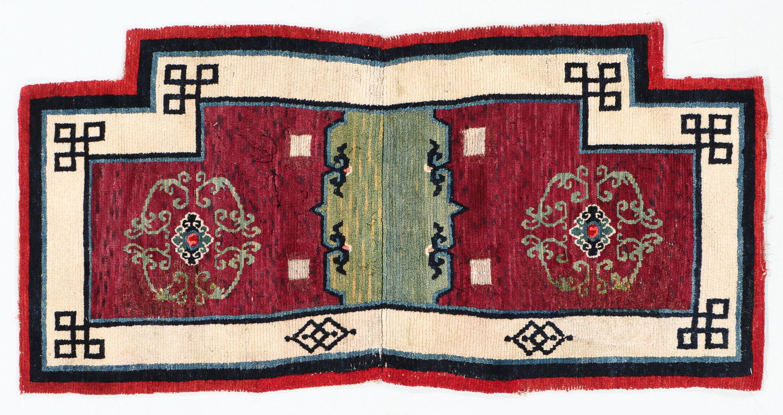 Saddle Rug, Tibet, Early 20th C., 1'10'' x 3'10'': Saddle Rug, Tibet, Early 20th C., 1'10'' x 3'10'' (56 x 117 cm). Weight: 3 lbs. Wool. Note: There Are No Hidden or Confidential Reserves in this Auction; All Acceptable Bidding Commences at the Online