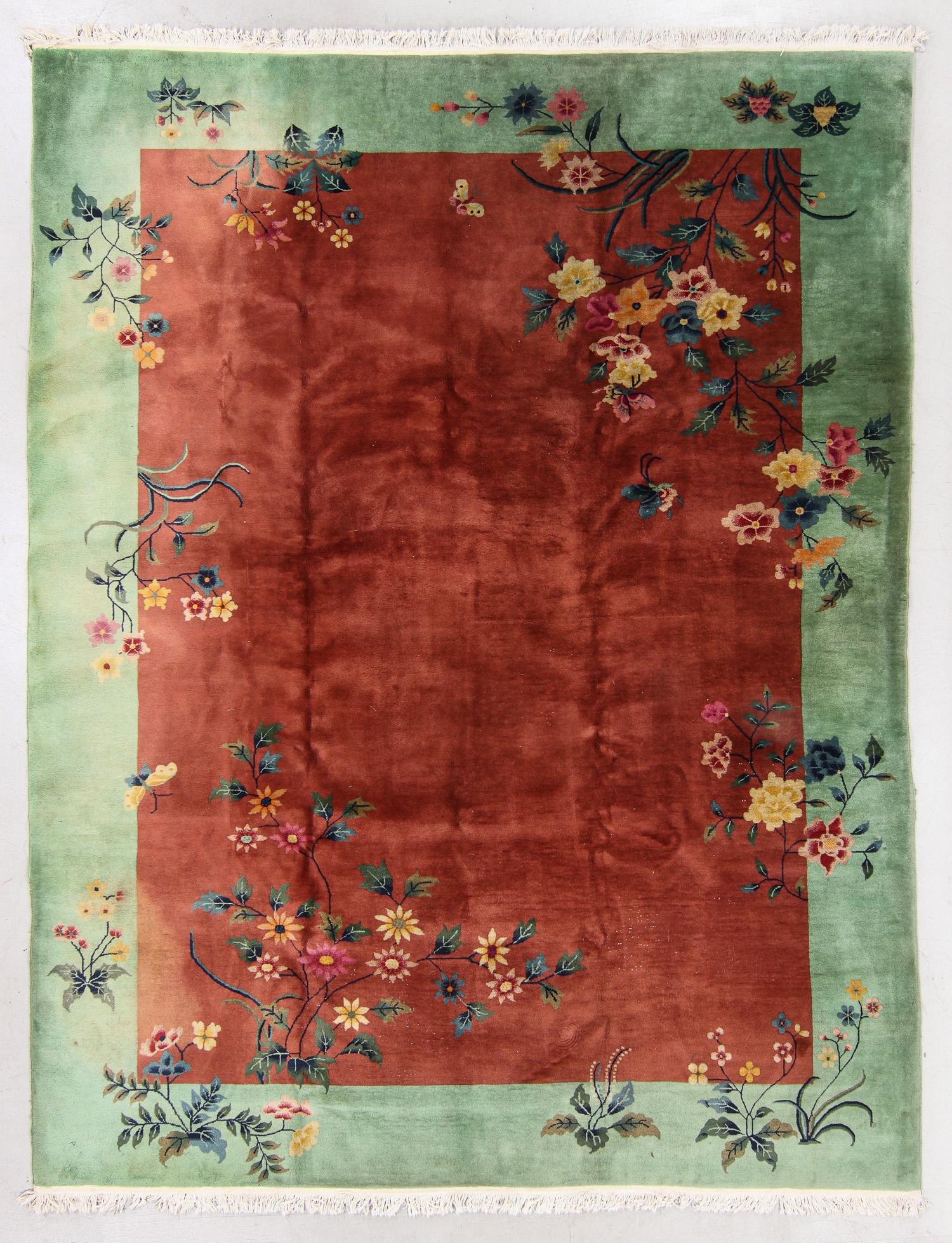 Art Deco Rug , China, Early 20th C., 8'10'' x 11'4'': Art Deco Rug , China, Early 20th C., 8'10'' x 11'4'' (269 x 345 cm). Weight: 88 lbs. Material: wool pile, cotton warp, cotton weft. Philadelphia Main Line estate. Note: There Are No Hidden or Confiden