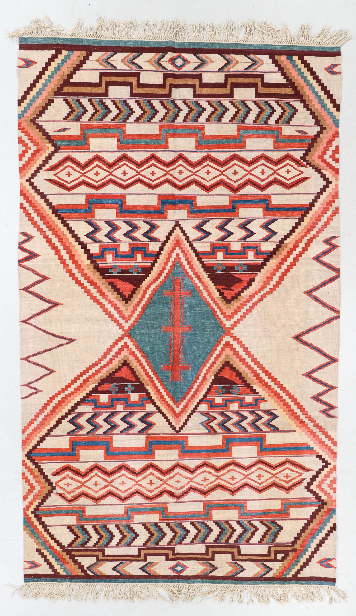 Vintage Southwest Style Kilim, Turkey, 6'3'' x 10'10'': Vintage Southwest Style Kilim, Turkey, Late 20th C., 6'3'' x 10'10'' (191 x 330 cm). Weight: 17 lbs. Material: wool surface, wool warp. Note: There Are No Hidden or Confidential Reserves in this Aucti