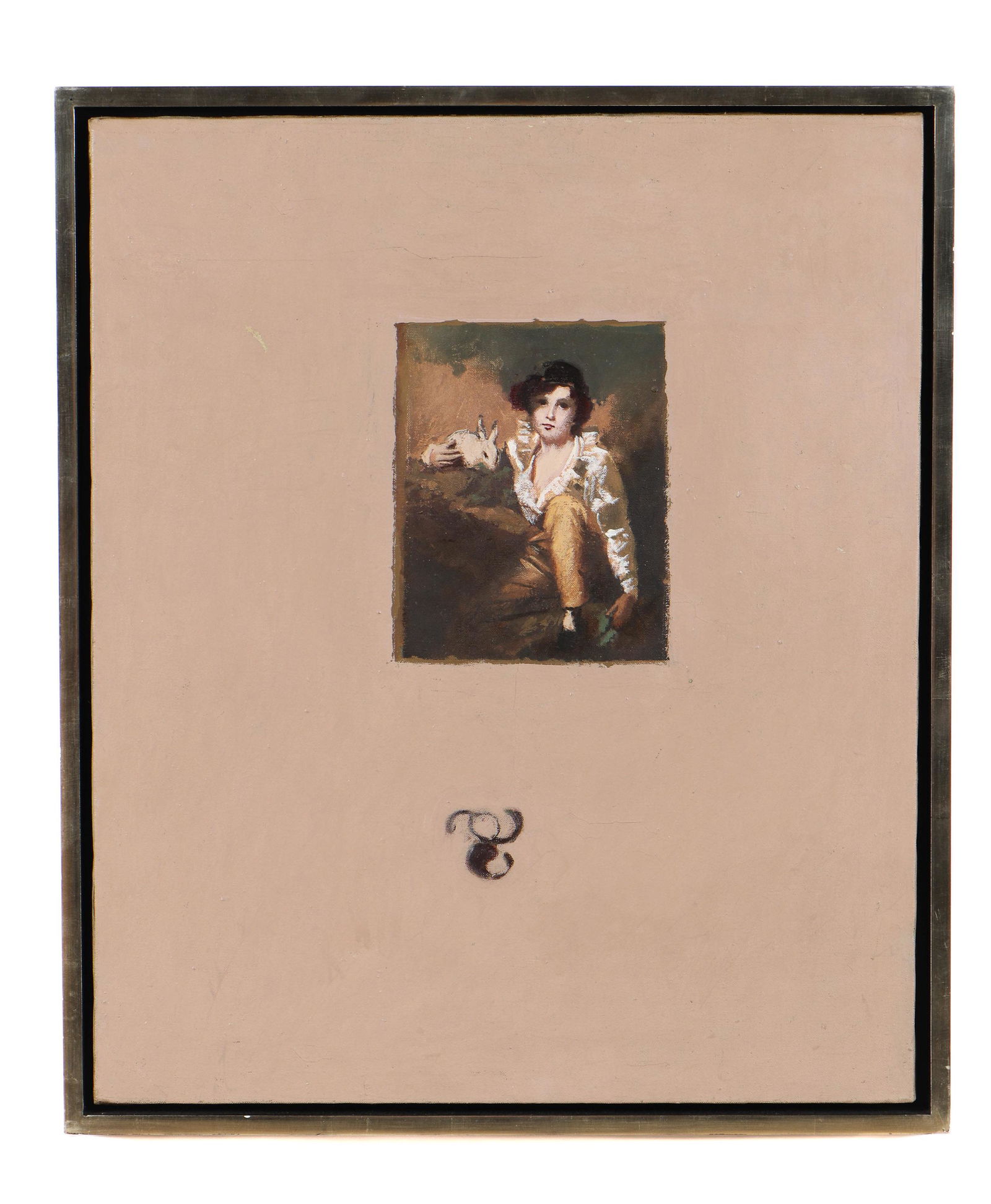 George Deem (1932-2008): George Deem (1932-2008) "Composition with Printer's Mark," 1964. oil on linen (after Sir Henry Raeburn, RA (1756 - 1823) "Boy and Rabbit," c. 1814. Framed. Size: 24'' x 19.5'', 61 x 50 cm (sight); 26'