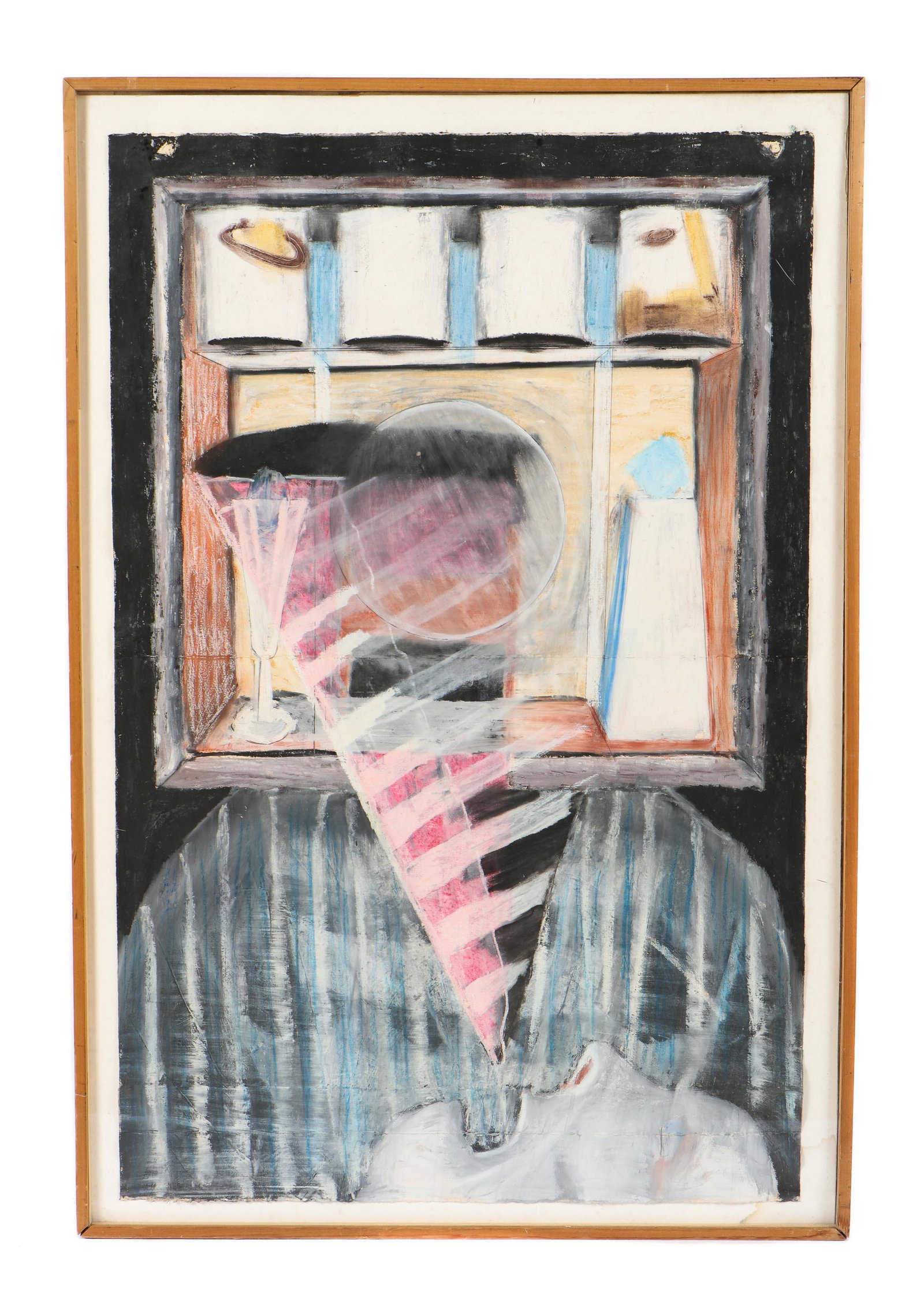 Max Coyer (American, 1954-1988): Max Coyer (American, 1954-1988) "Cone, Box & Head" 1983, oil stick and pastel on paper; verso bears paper label from Harm Bouckaert Gallery, New York, NY. Framed. Size: 46'' x 30'', 117 x 76 cm (sheet