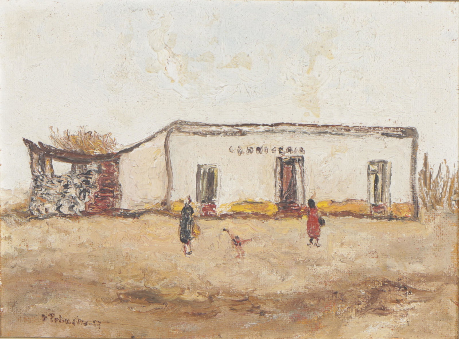 Enrique Policastro (Argentine, 1898-1971) Oil Painting: Enrique Policastro (Argentine, 1898-1971) "Carniceria de campo," (Country Butcher), 1957, oil painting on board, signed and dated. Framed. Size: 11'' x 15'', 28 x 38 cm (board); 17'' x 21'', 43 x 53 c