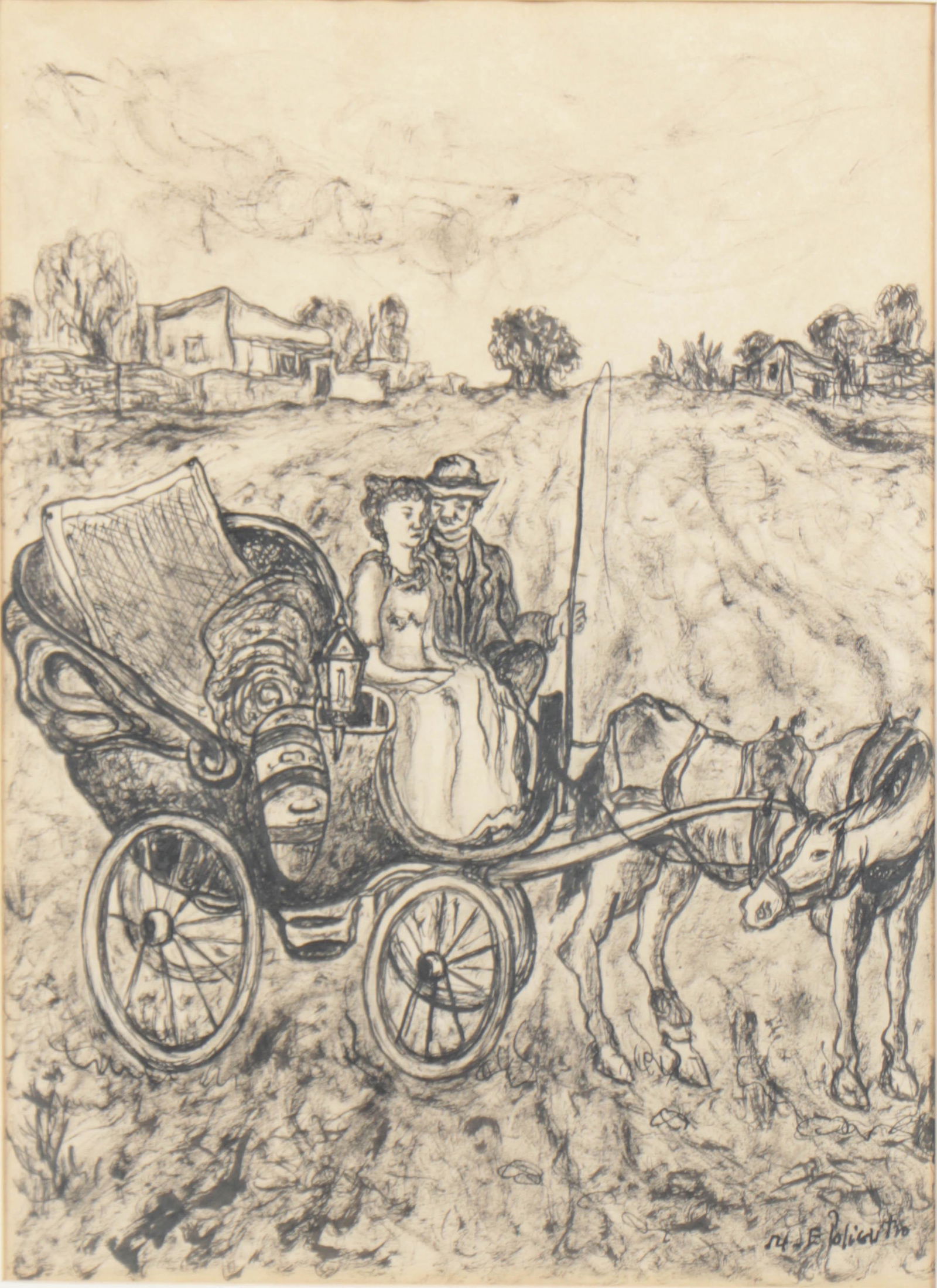 Enrique Policastro (Argentine, 1898-1971): Enrique Policastro (Argentine, 1898-1971) "Pareja en carruaje" (Couple in a Carriage), Pen & Ink, 1954, signed. Framed. Size: 11.5'' x 8.5'', 29 x 22 cm (sight); 19'' x 16'', 48 x 41 cm (frame). Estat
