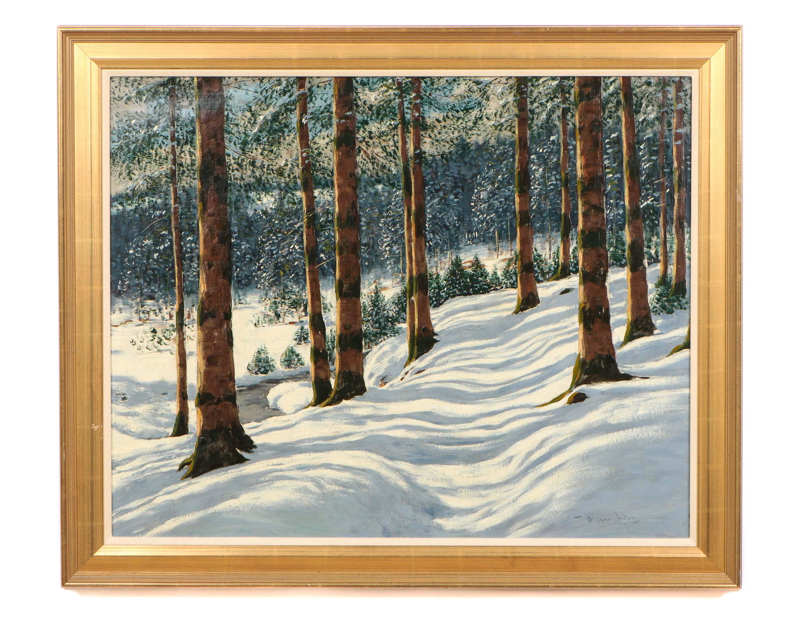 Victor Olgyai (Hungarian, 1870-1929): Victor Olgyai (Hungarian, 1870-1929)"Winter Forest Landscape," oil on canvas, signed; verso bears paper label from Northland Galleries, Markham, Ontario. Framed. Size: 30'' x 38'', 76 x 97 cm (stretch