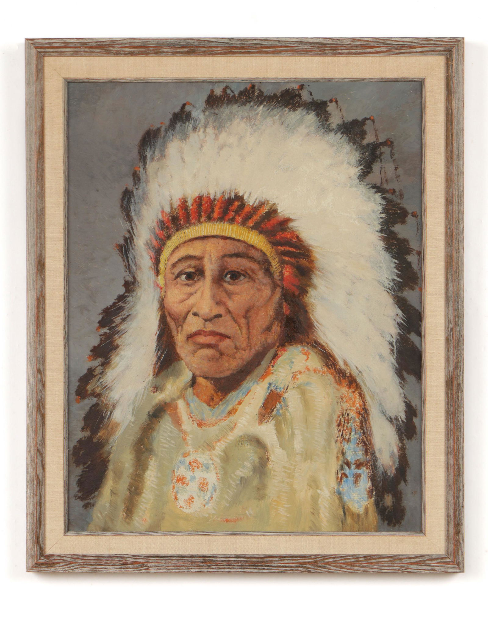 Carl Abel (American, 1875-1959) Oil Painting: Carl Abel (American, 1875-1959) Untitled (Native American Chief), oil on canvas. Framed. Size: 23.5'' x 19'', 60 x 48 cm (board); 20'' x 16'', 51 x 41 cm (frame).