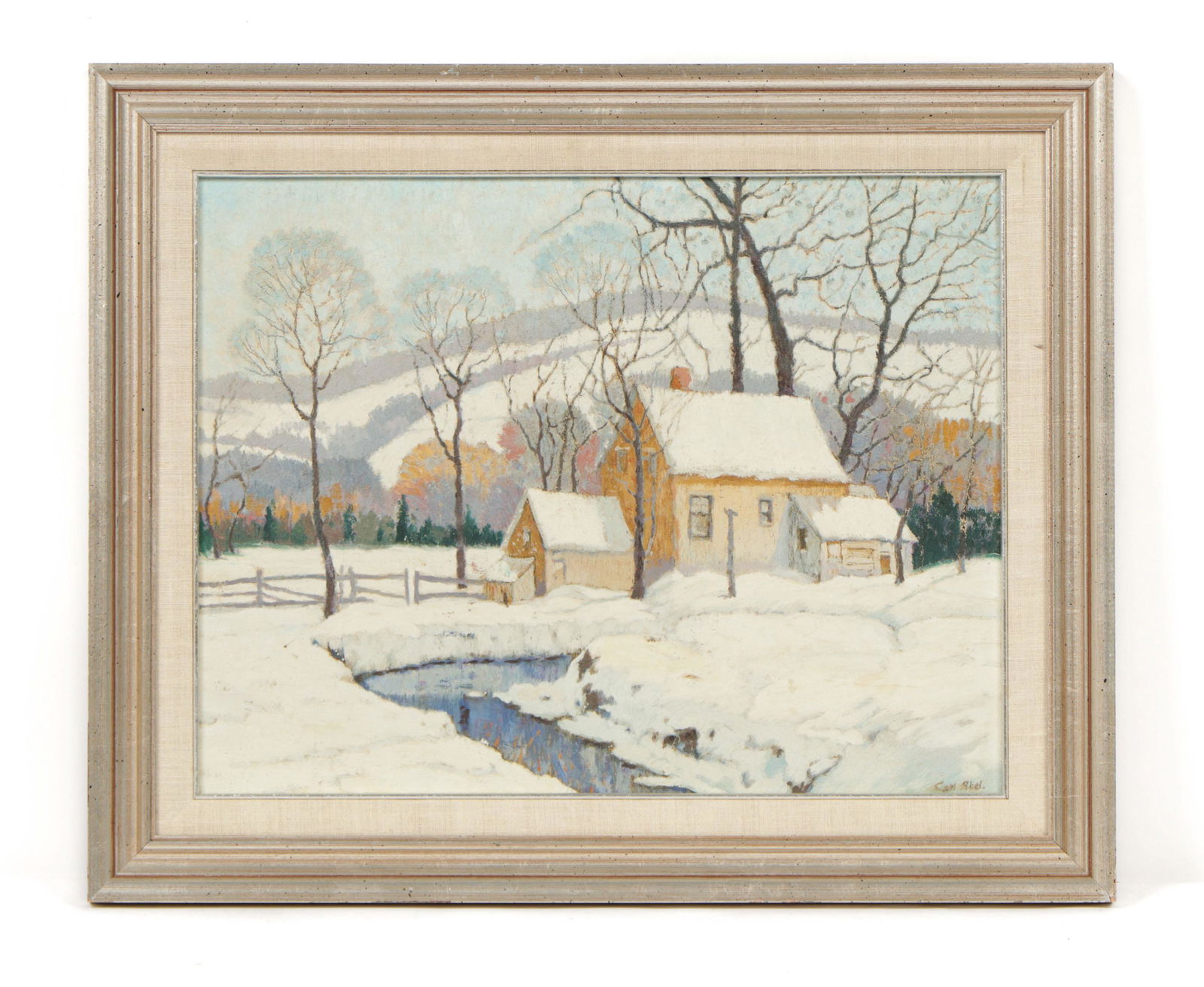 Carl Abel (American, 1875-1959) Oil Painting: Carl Abel (American, 1875-1959) Untitled (House in a Winter Landscape), oil on board, signed. Framed. Size: 13'' x 17'', 33 x 43 cm (sight); 18'' x 22'', 46 x 56 cm (frame).