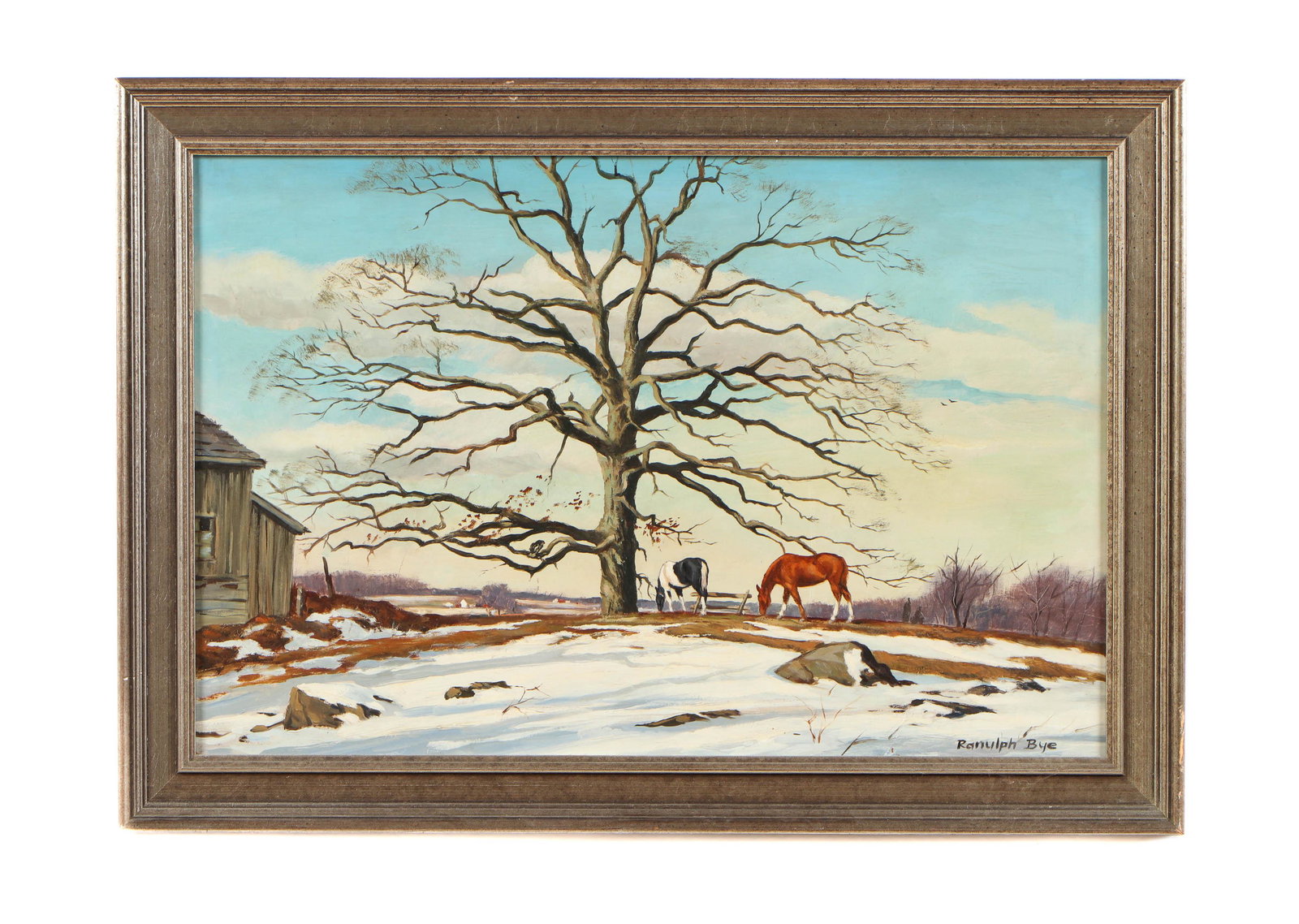 Ranulph Bye (American, 1916-2003) Oil on Board: Ranulph Bye (American, 1916-2003) Late Winter Farm, oil on board, signed. Framed. Size: 16'' x 24'', 41 x 61 cm (board); 19.5'' x 27.5'', 50 x 70 cm (frame).
