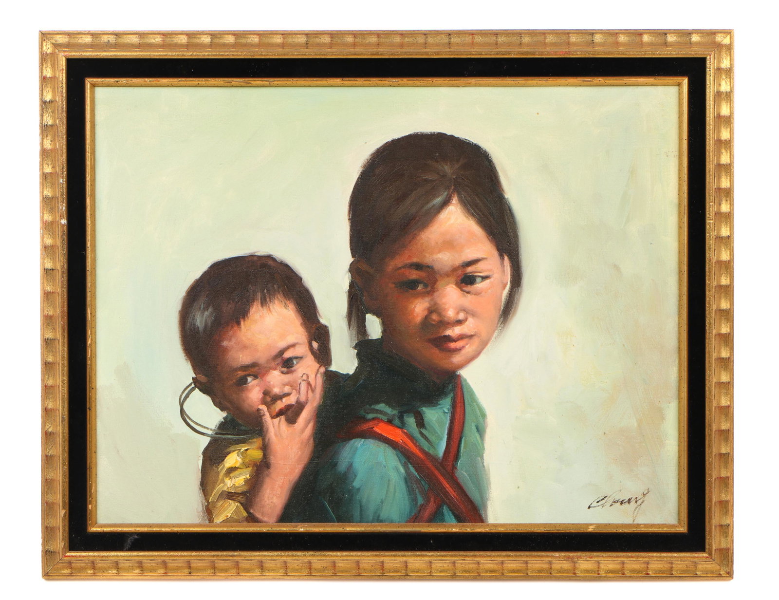 Chinese School (20th Century): Chinese School (20th Century) Portrait of Girl Carrying a Younger Child, oil on board, signed: Chang. Frame. Size: 20'' x 25.5'', 51 x 65 cm (board); 22'' x 27.5'', 56 x 70 cm ( frame).