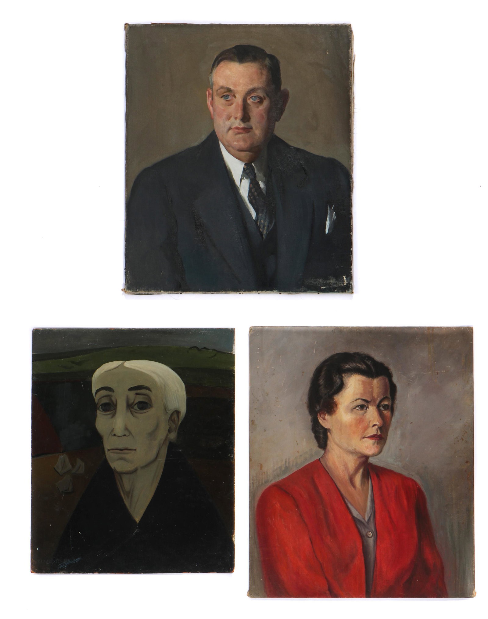 3 Works: Inc. Claude Schurr (1921-2014): Claude Schurr (French, 1921-2014) Portrait, 1950, oil on board, signed and dated. Unframed. Together with Portraits of a lady in red and a man in coat and tie. (3 Works). Sizes: 1) 21.5'' x 18'' (55 x